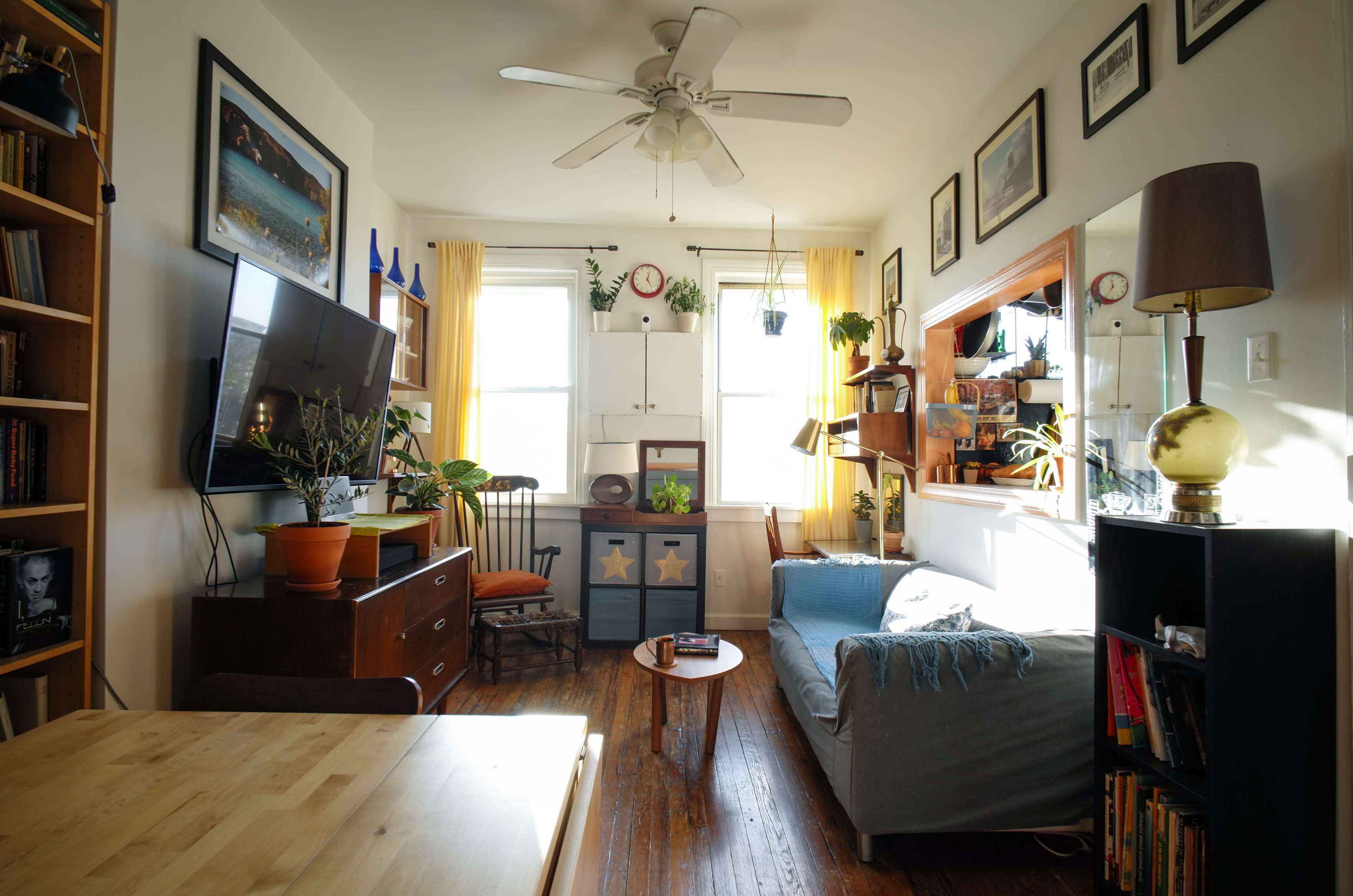 A small living room features a couch, a coffee table, and a large window with plants on the sill, surrounded by bookshelves and wall decorations.