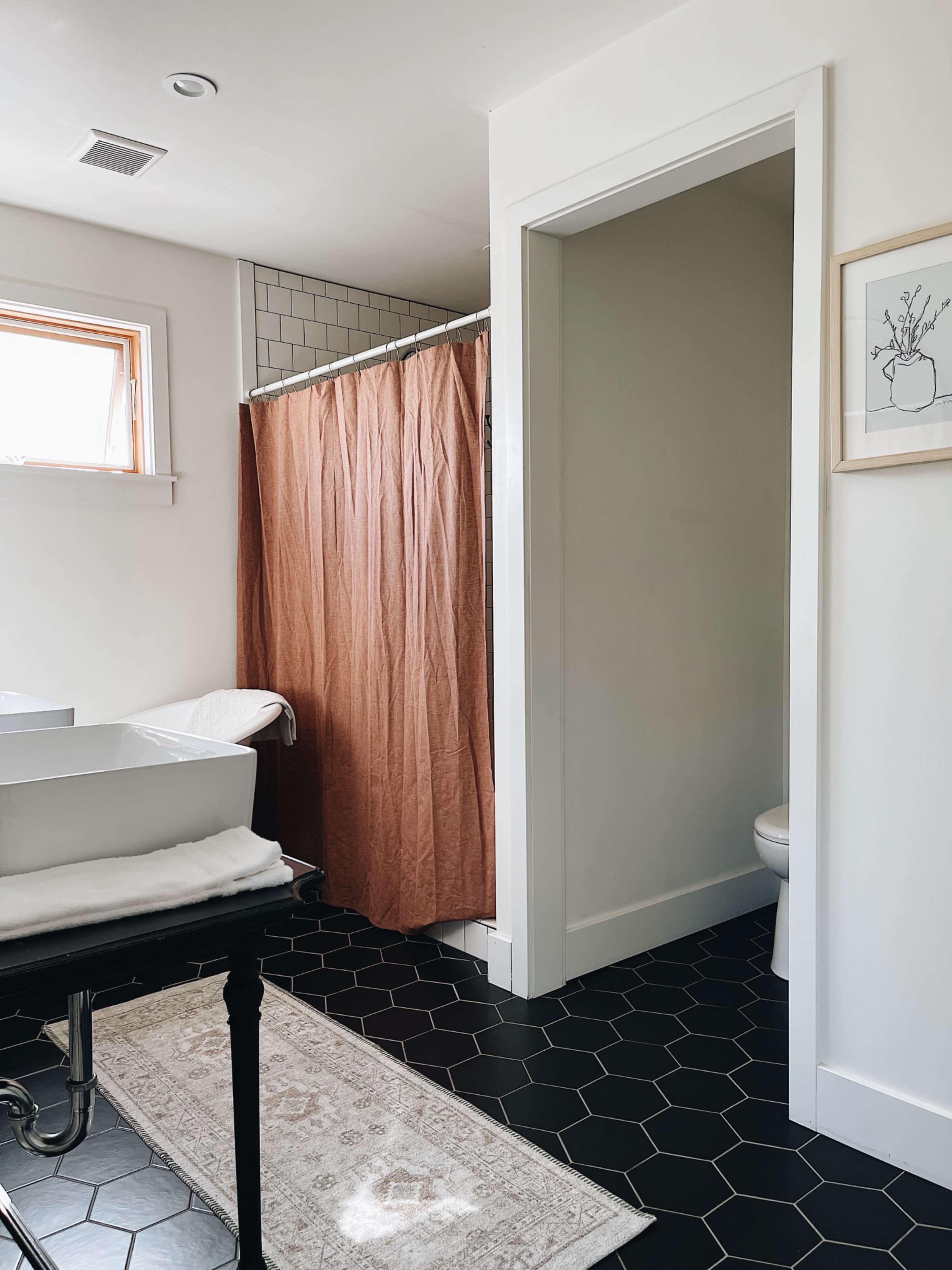 The image shows a bathroom with a shower area separated by a brown curtain, a black hexagonal tile floor, a white wash basin, and a small framed artwork on the wall.