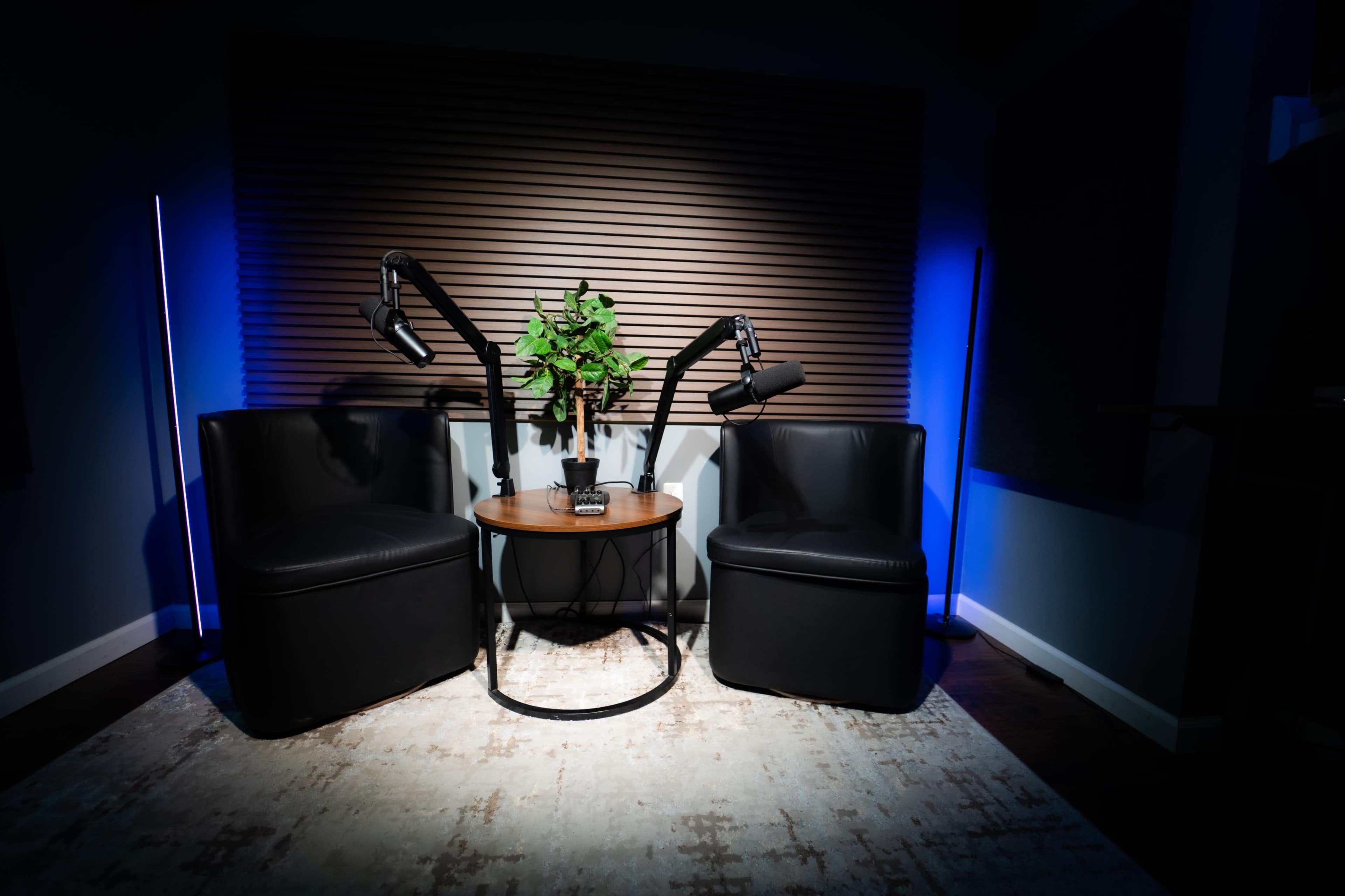 The image shows a small recording setup featuring two black chairs positioned around a round table with a plant, and two microphone arms extending from the sides in a dimly lit room.