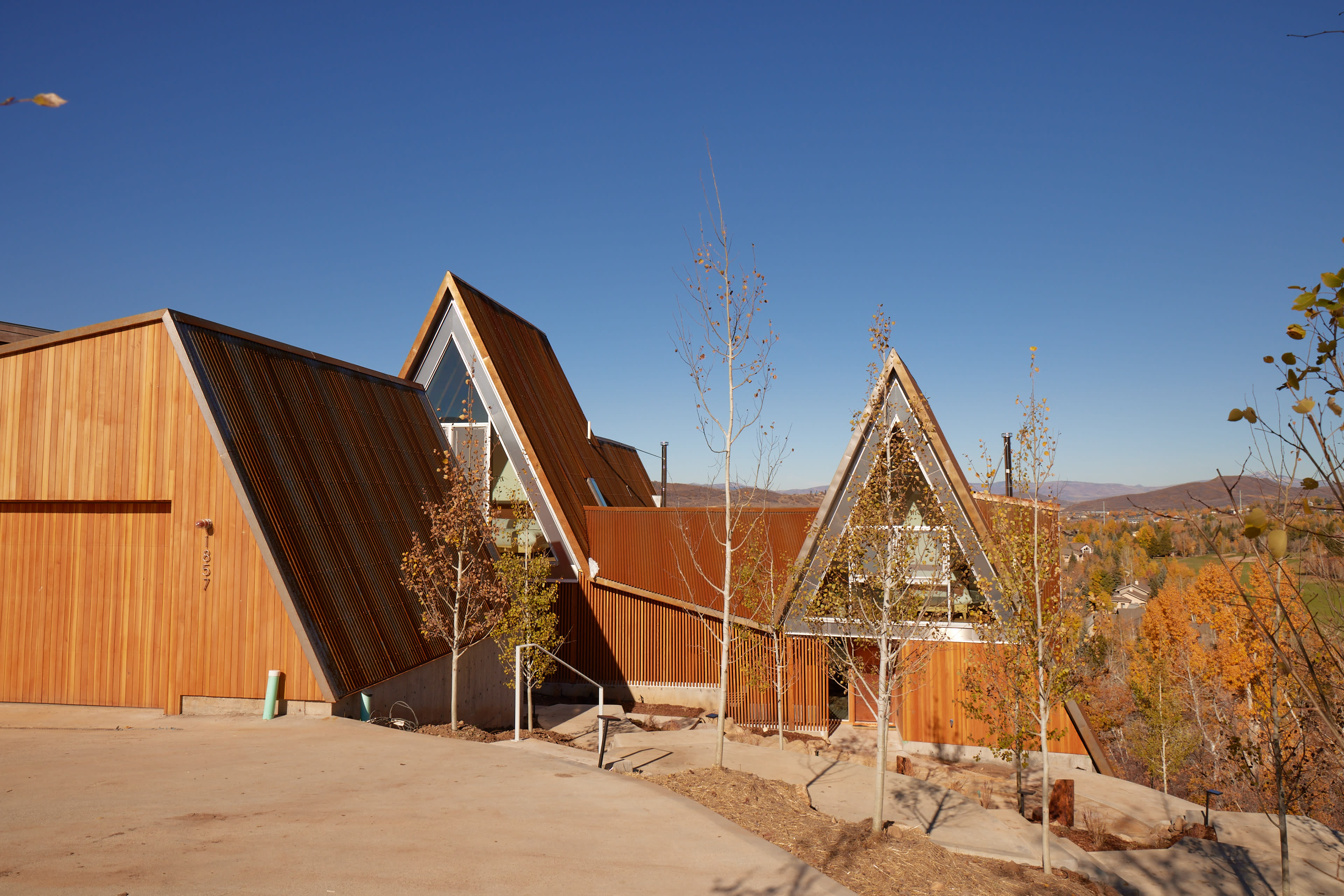 The image shows a modern wooden house with angular roofs and large windows, set against a clear blue sky.