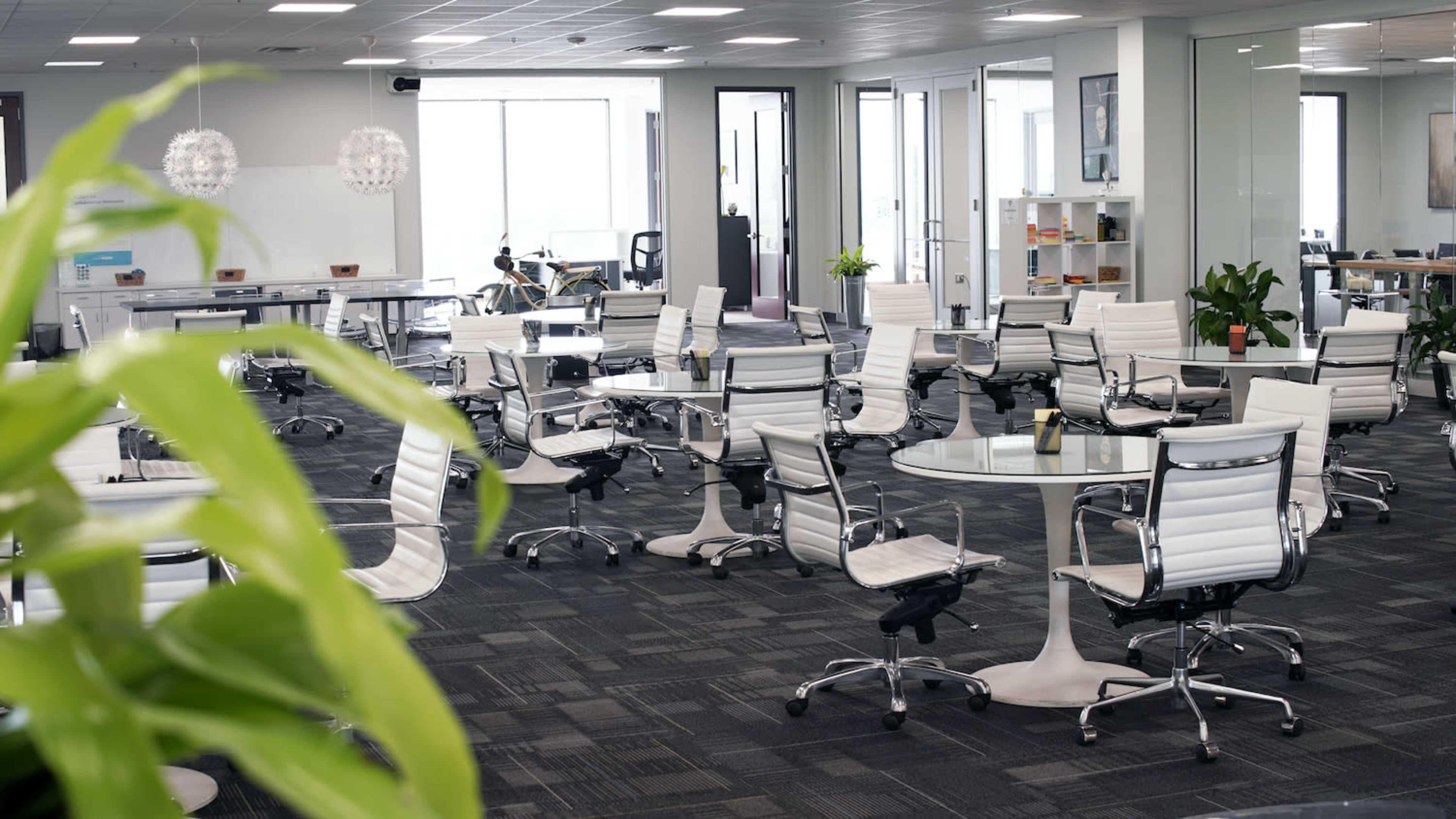 A modern office space featuring multiple round tables with white chairs, potted plants, and large windows.