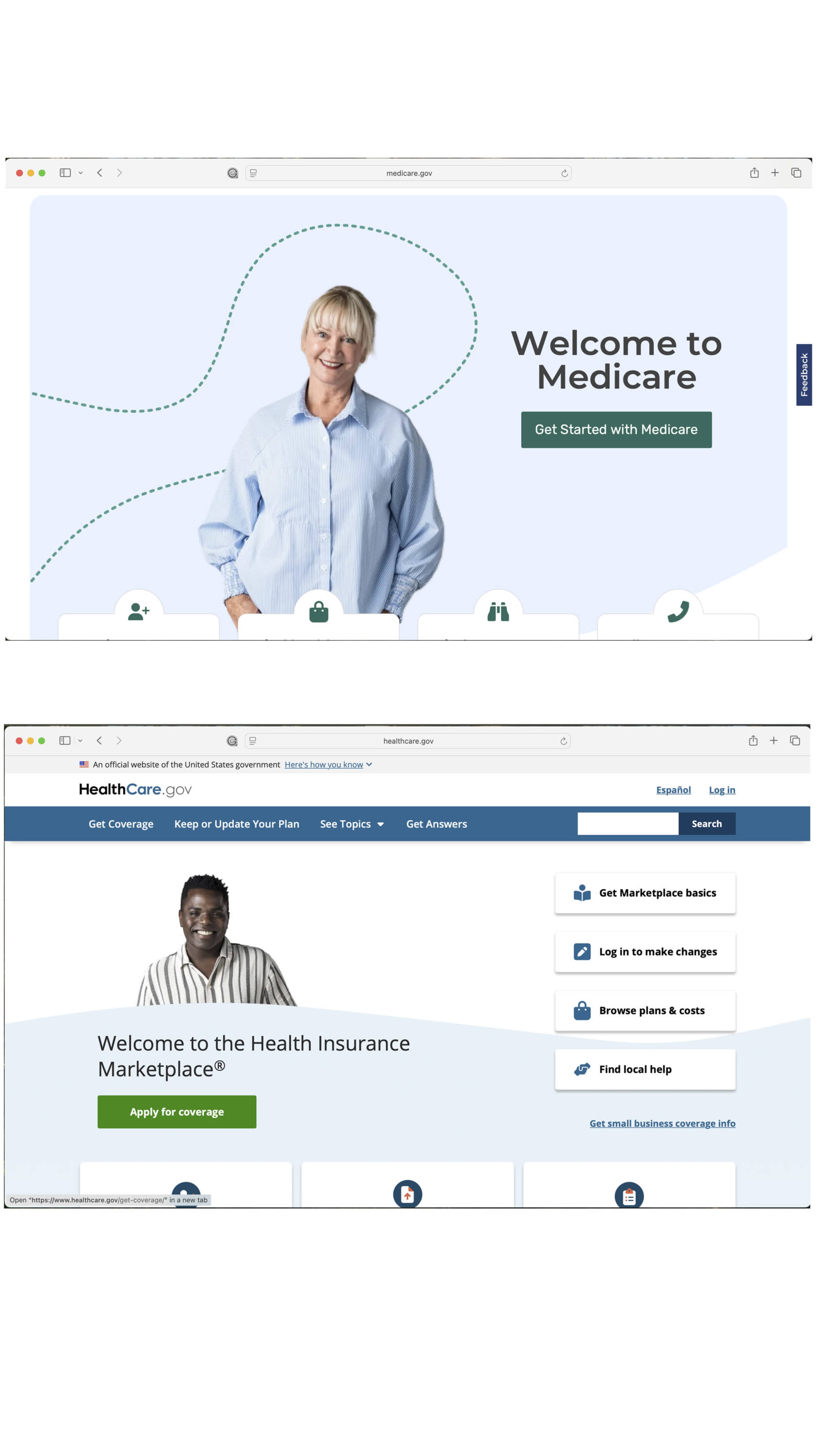 The image displays two webpage screenshots: the top features a welcoming message for Medicare with an image of a smiling woman, and the bottom showcases the Health Insurance Marketplace with a welcoming message and options for coverage and resources.