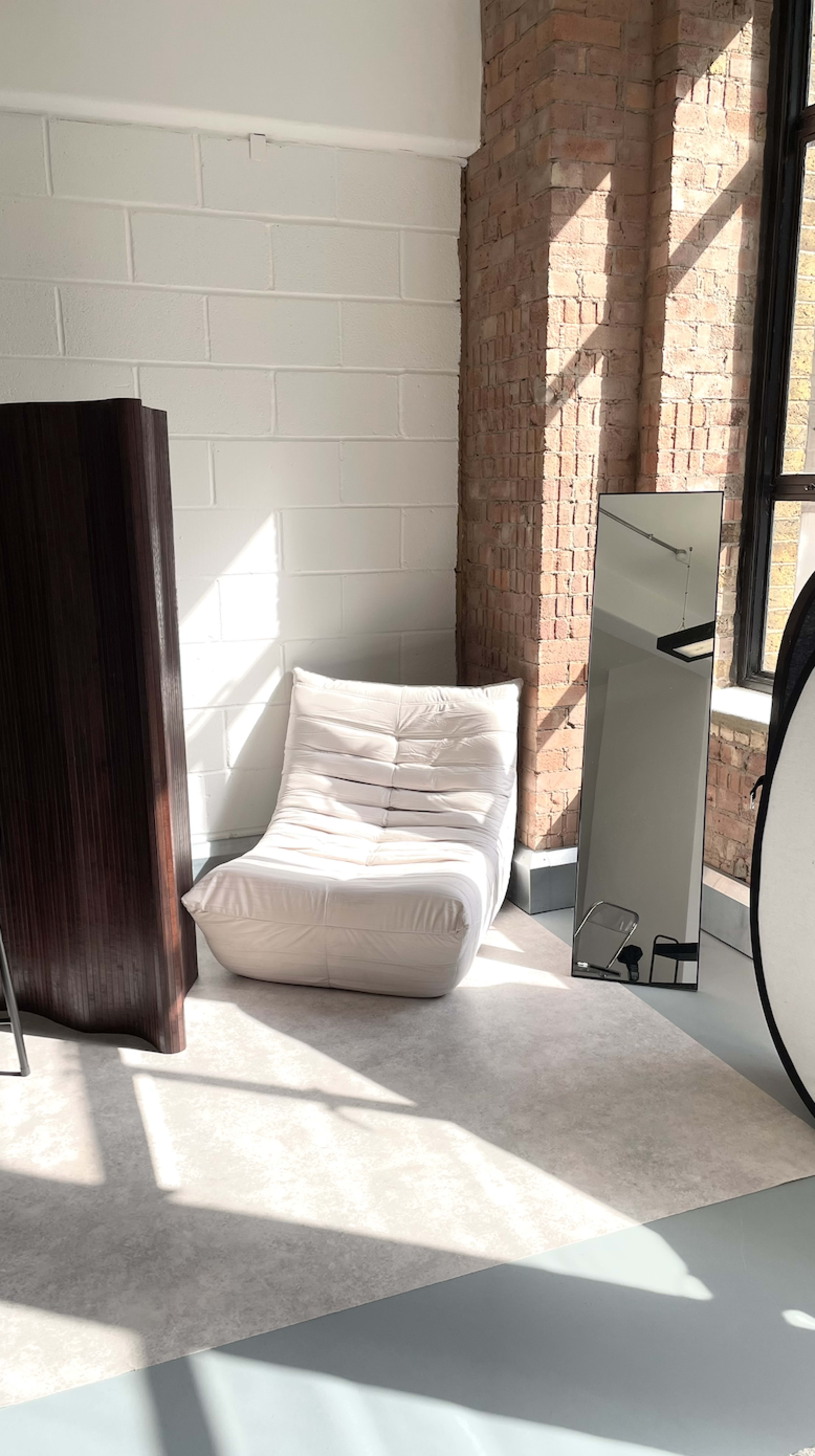 The image shows a modern, minimalist interior featuring a white lounge chair, a tall dark wooden divider, and a mirror, illuminated by natural light from large windows.