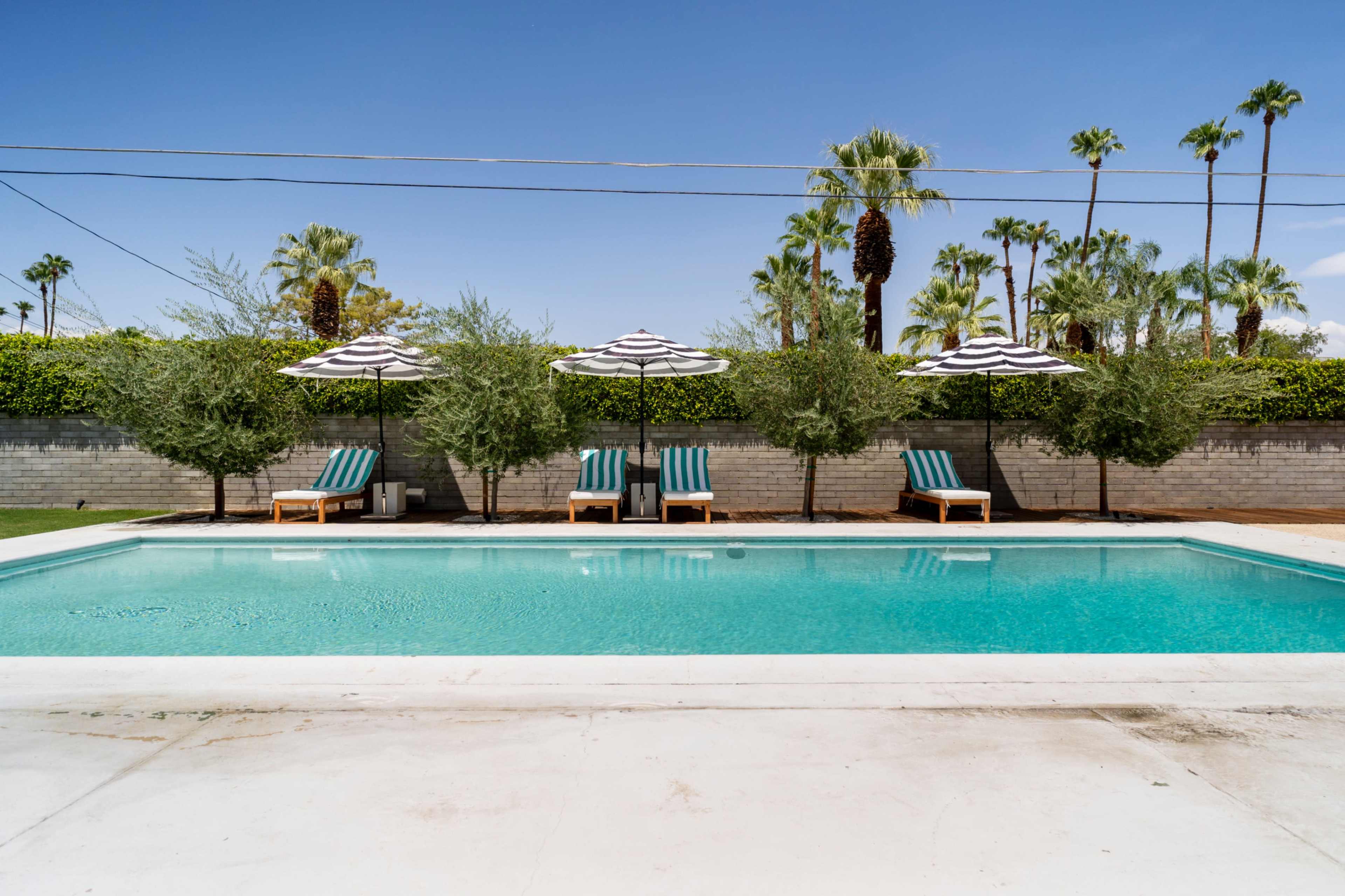 A rectangular swimming pool surrounded by striped lounge chairs and umbrellas, with palm trees and greenery in the background.