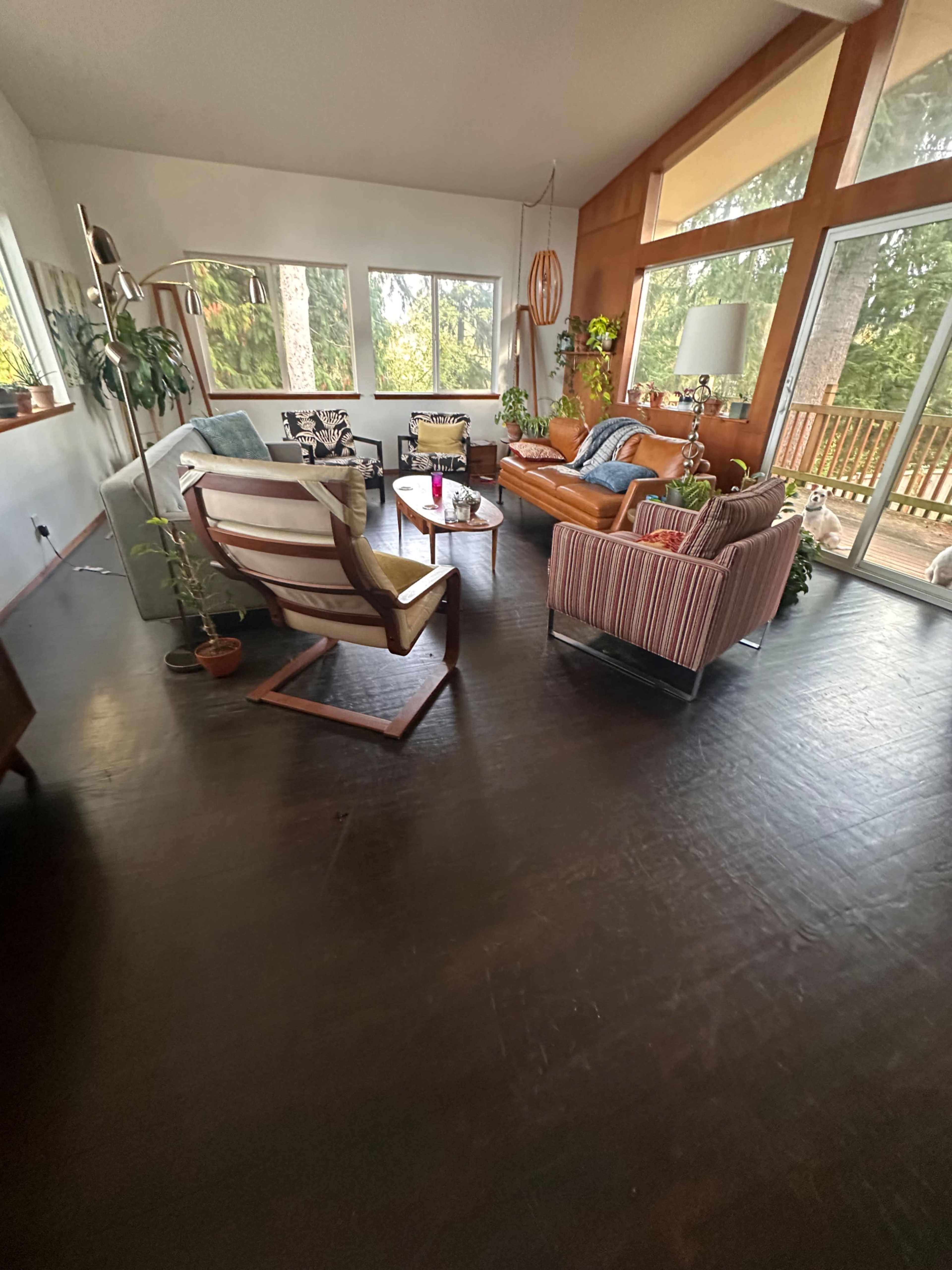 The image shows a spacious living room with large windows, featuring a mix of seating options including a brown leather sofa, striped chairs, and a round coffee table surrounded by plants.
