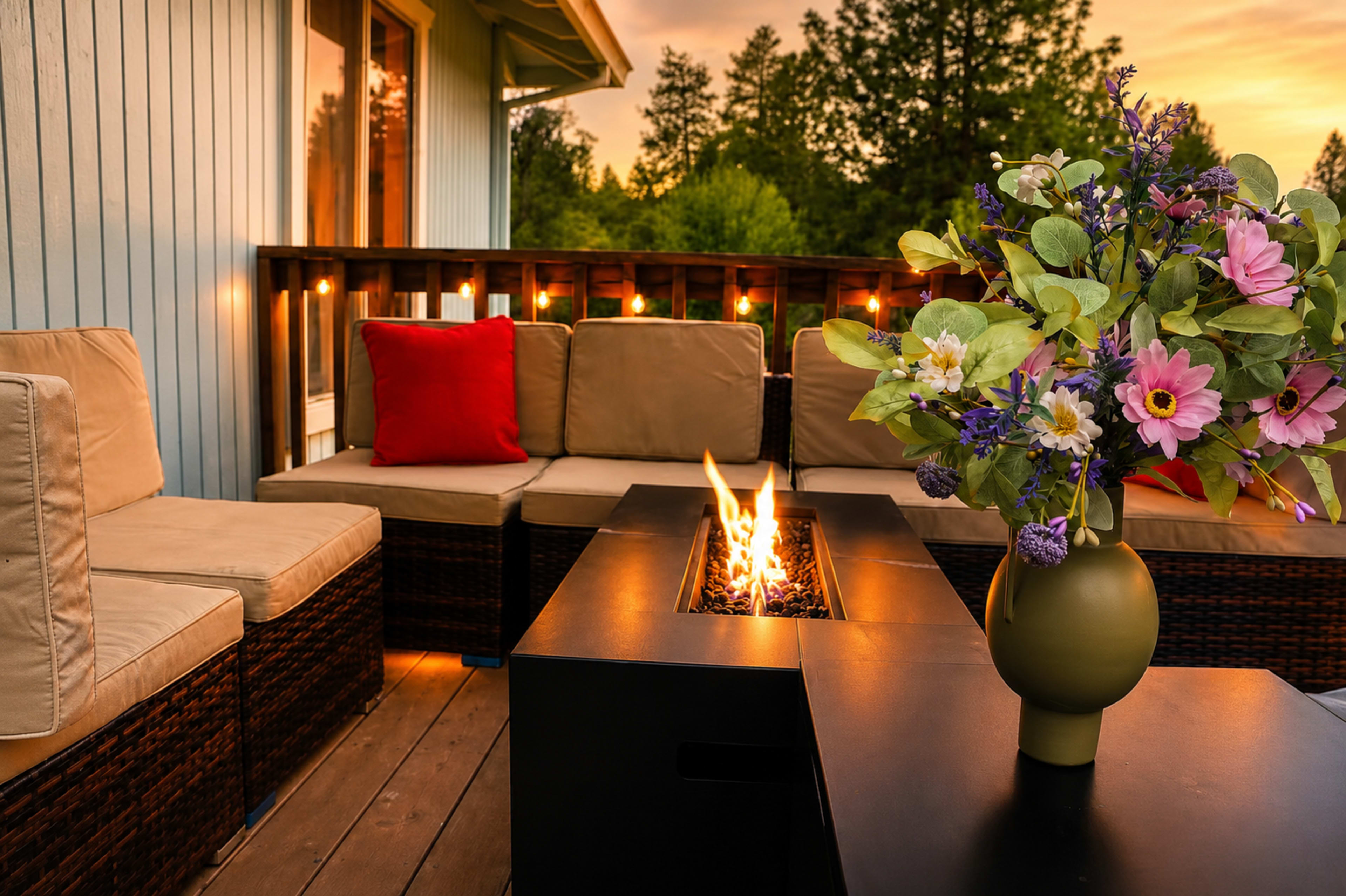 A cozy outdoor seating area features a fire pit surrounded by cushioned furniture and a floral centerpiece, set against a backdrop of trees at sunset.