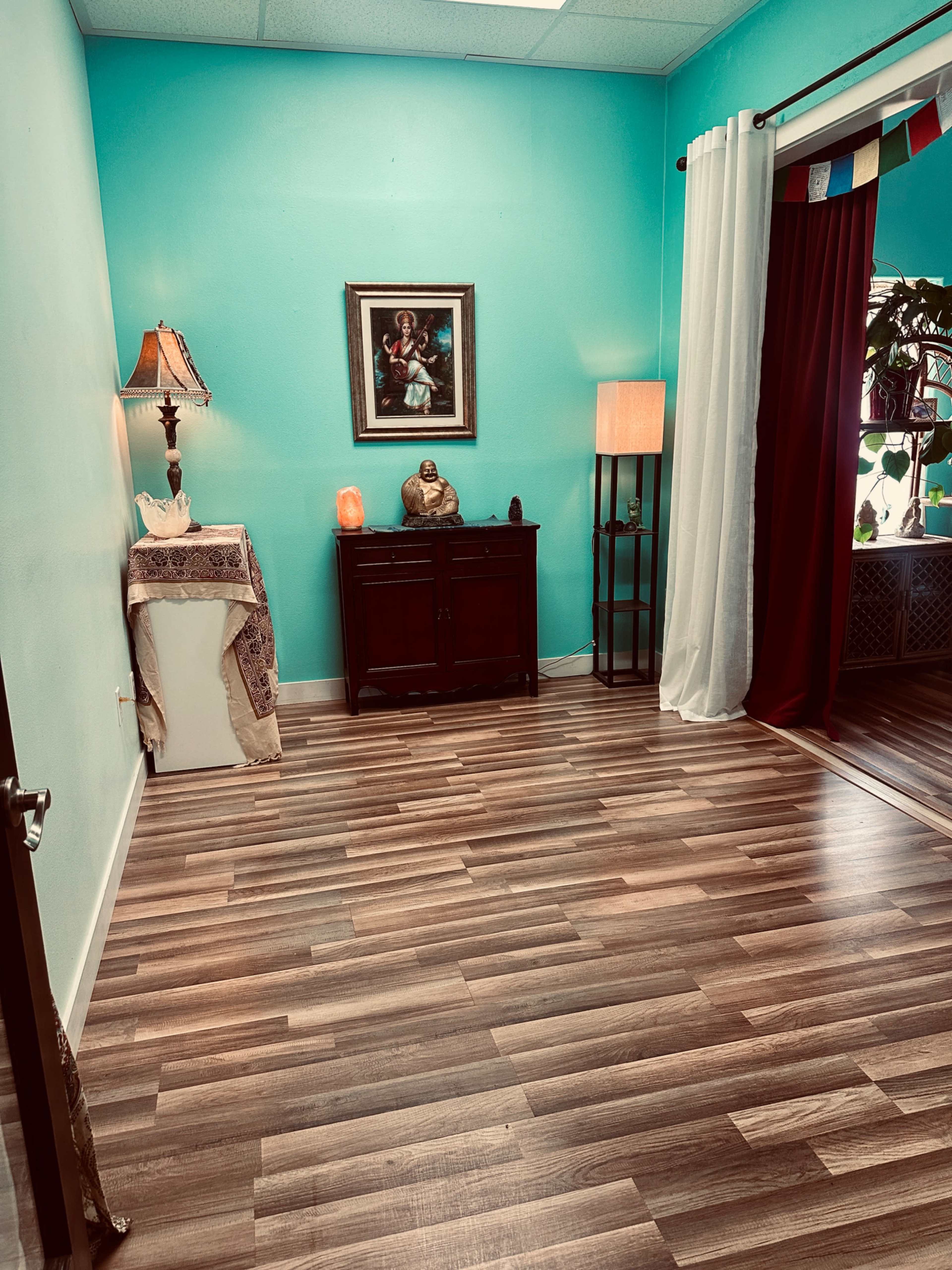 The image shows a well-lit room with turquoise walls, wooden flooring, a lamp, a cabinet, and decorative elements including a framed picture and a plant.