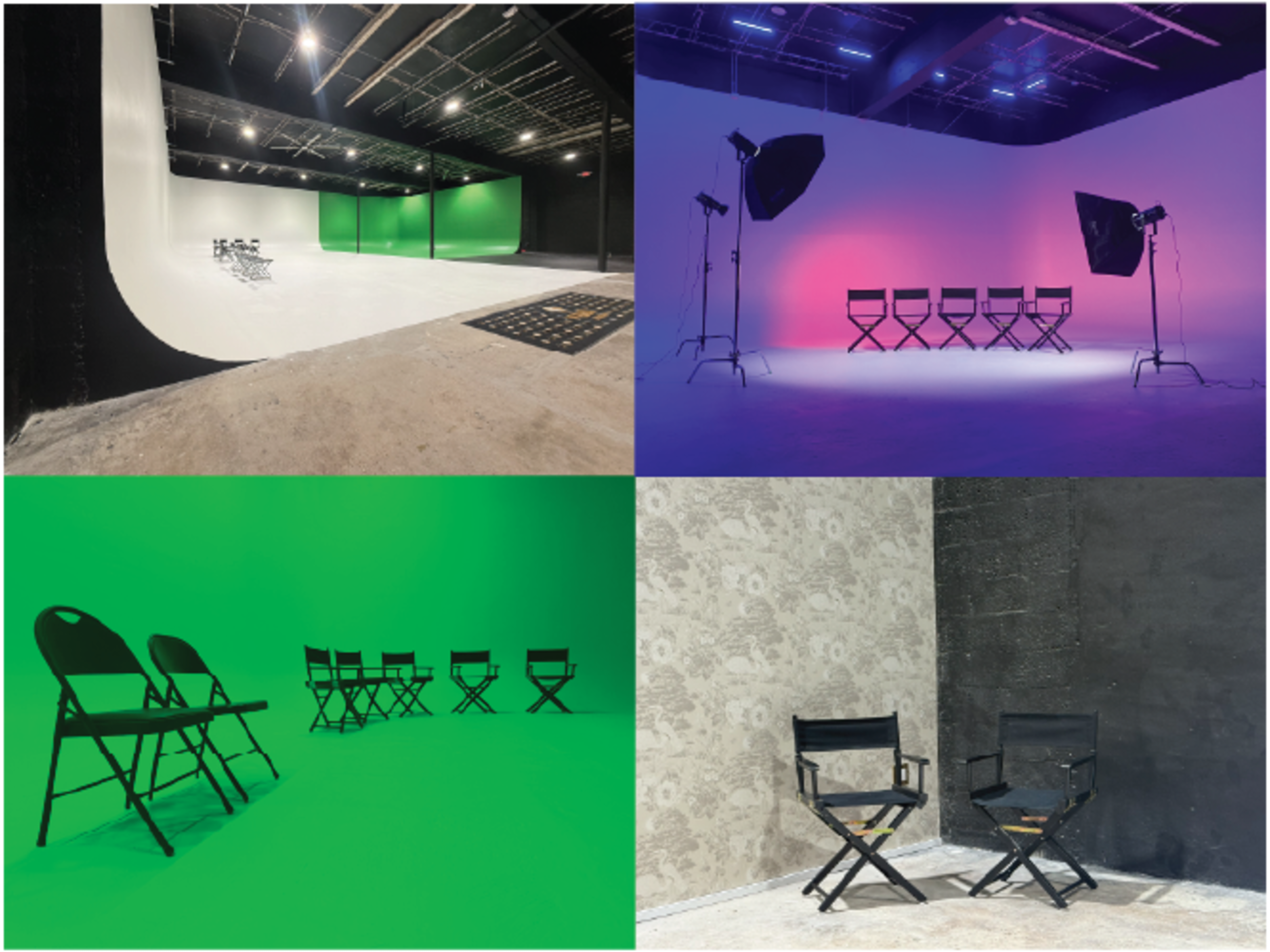 The image shows four different studio setups with various colored backdrops, including green and pink, and includes director chairs in each scene.