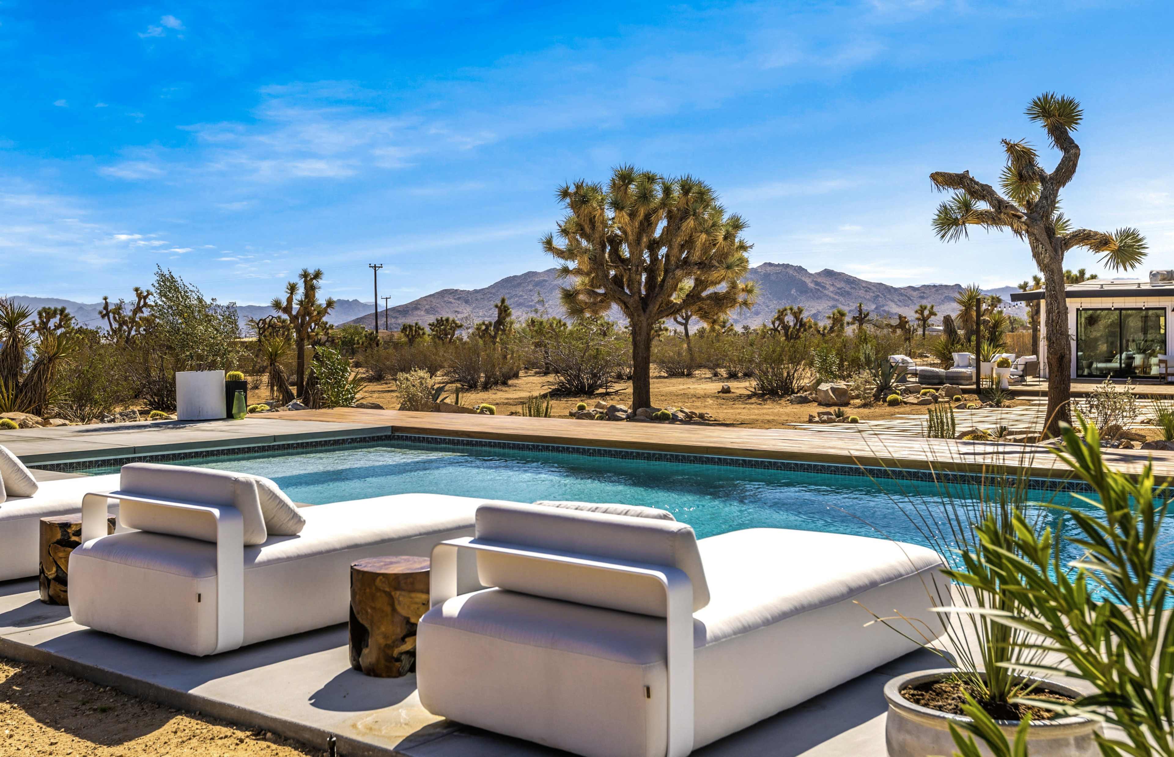 The scene features a serene pool area with white loungers overlooking a desert landscape dotted with Joshua trees and mountains in the distance.