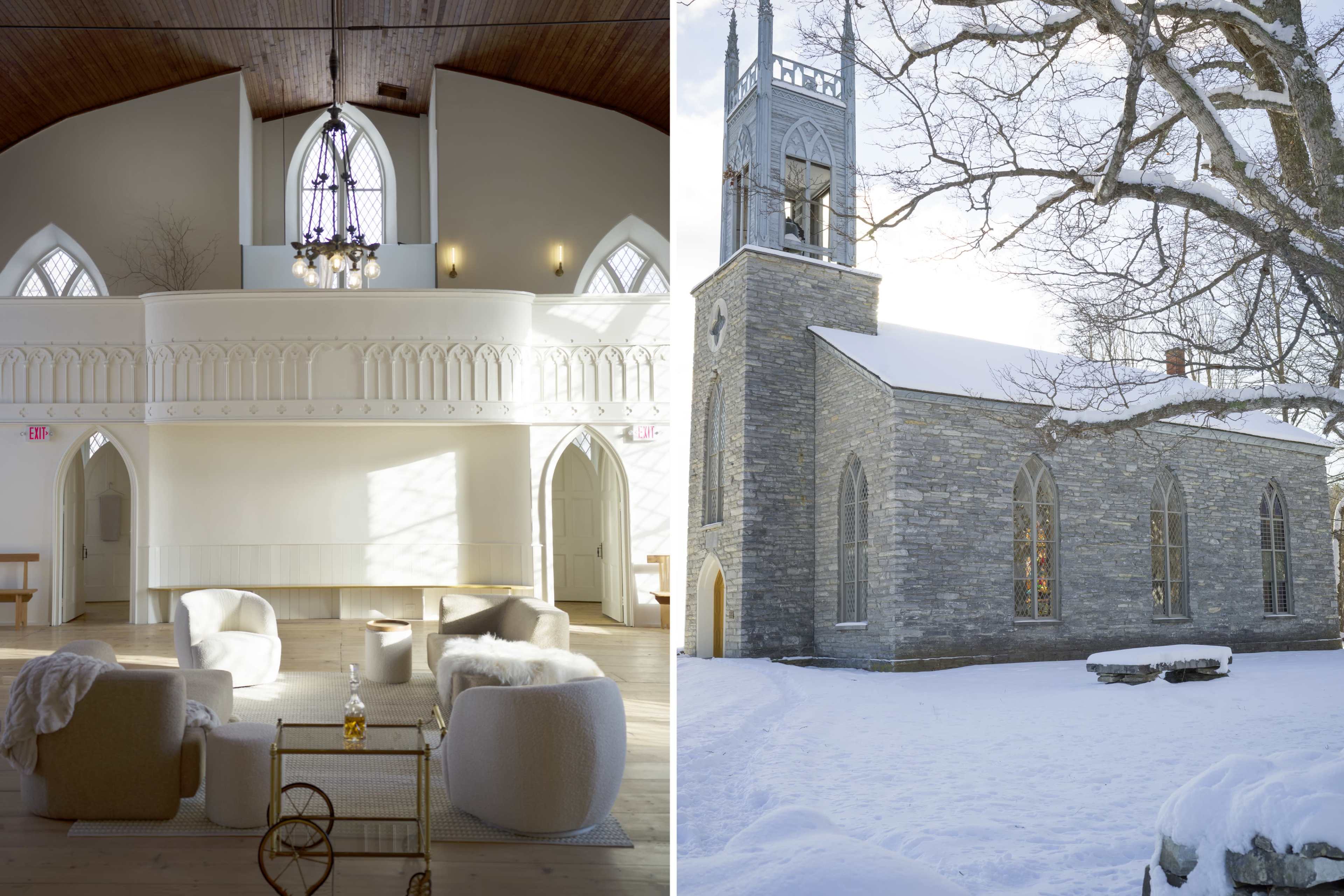 The left side features a bright, minimalist interior of a room with white walls and modern furniture, while the right side shows a stone church with a tall steeple surrounded by snow.