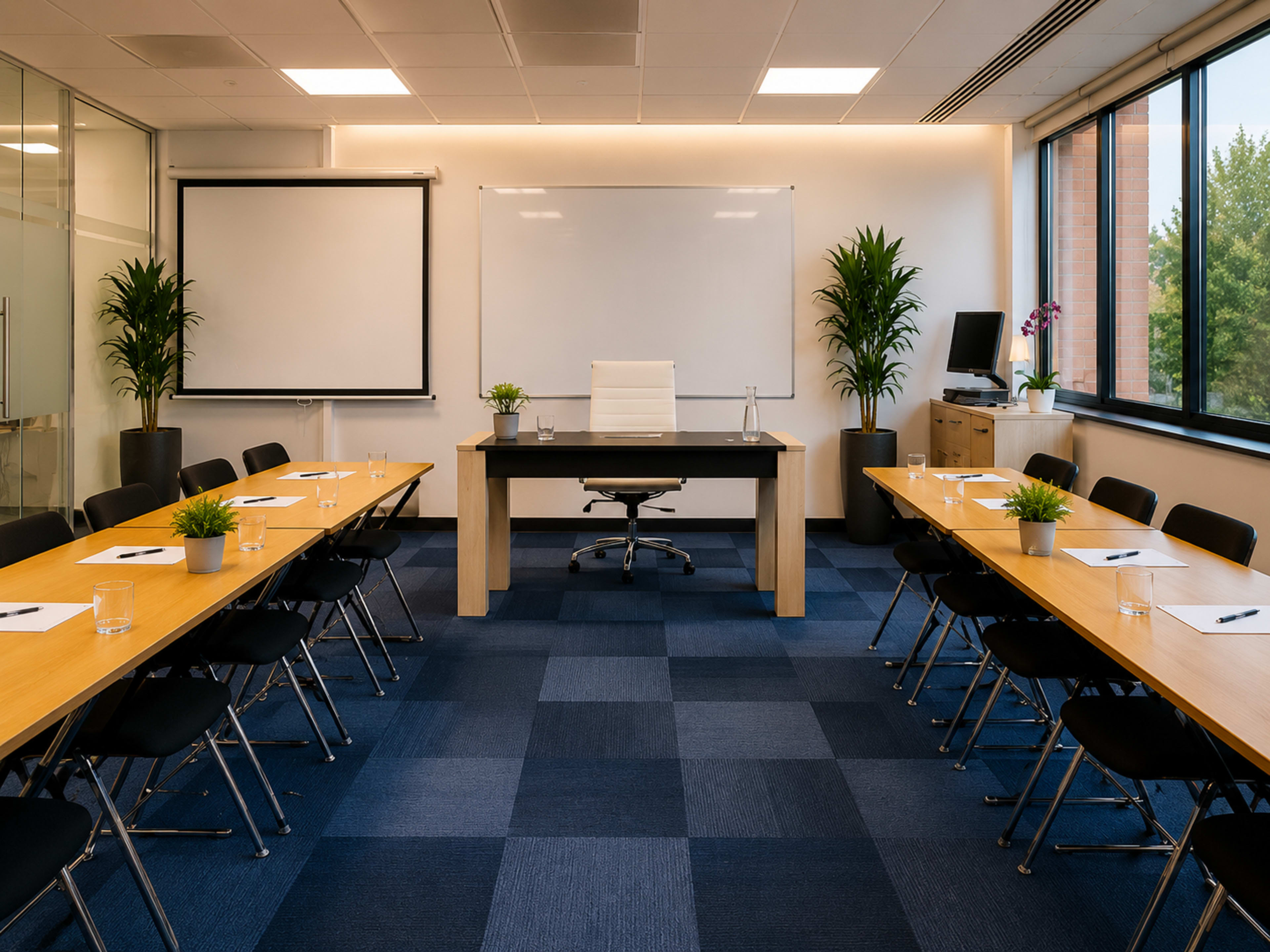 A modern conference room features a central table with chairs arranged around it, flanked by whiteboards and large windows with potted plants.