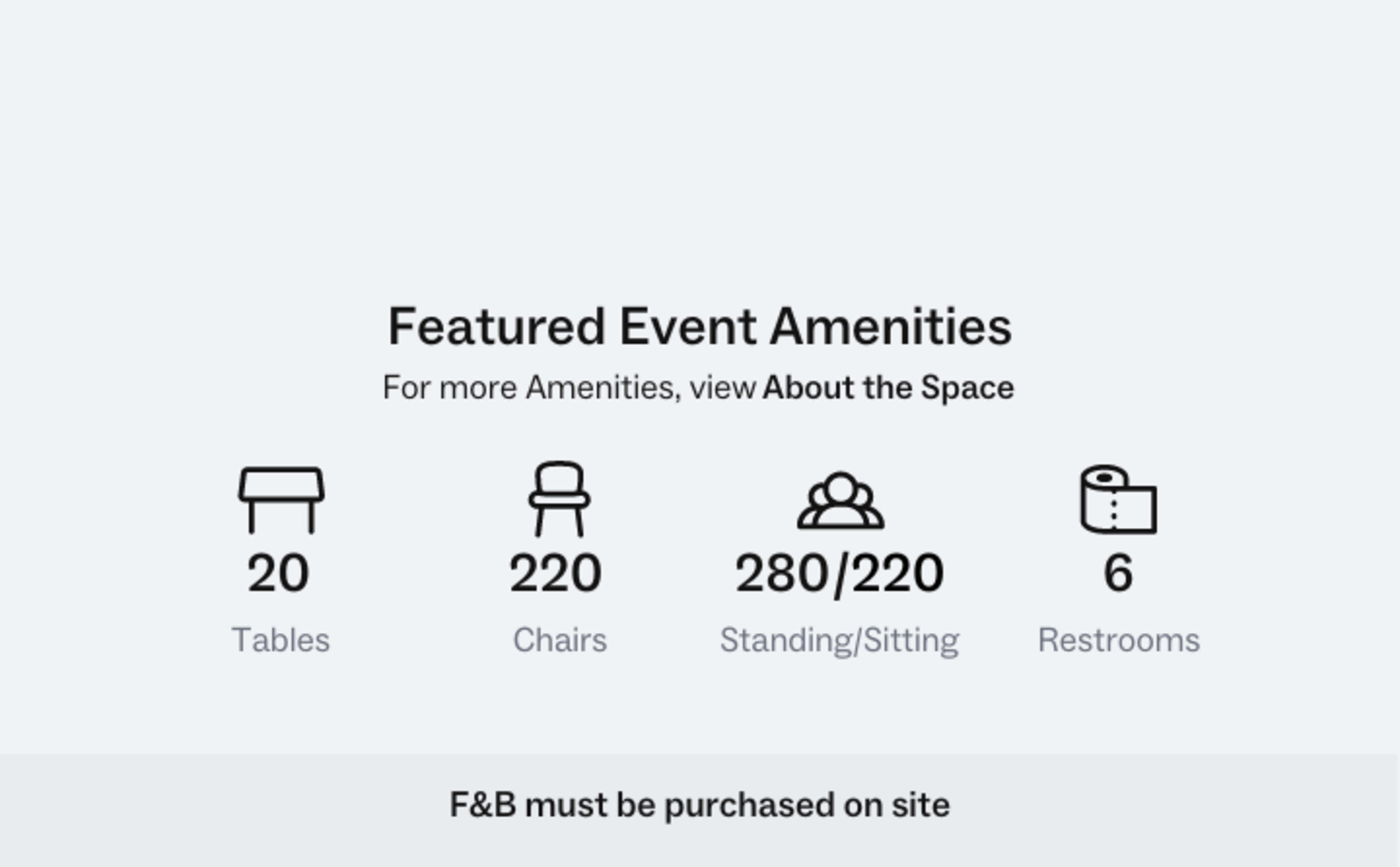 The image lists event amenities, including 20 tables, 220 chairs, a standing/sitting capacity of 280/220, and 6 restrooms.