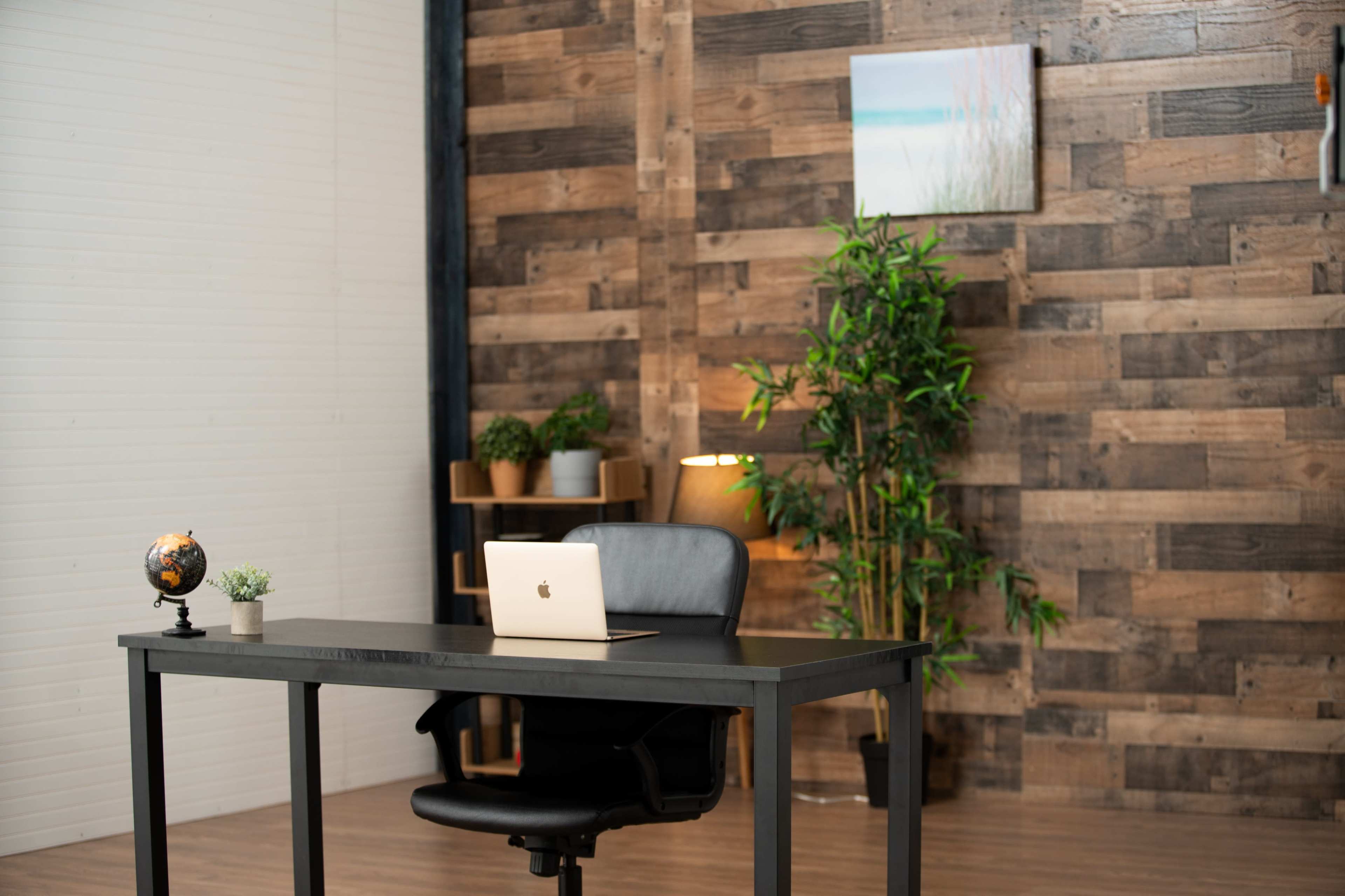 A modern office space features a desk with a laptop, a black chair, and green plants against a wooden wall.