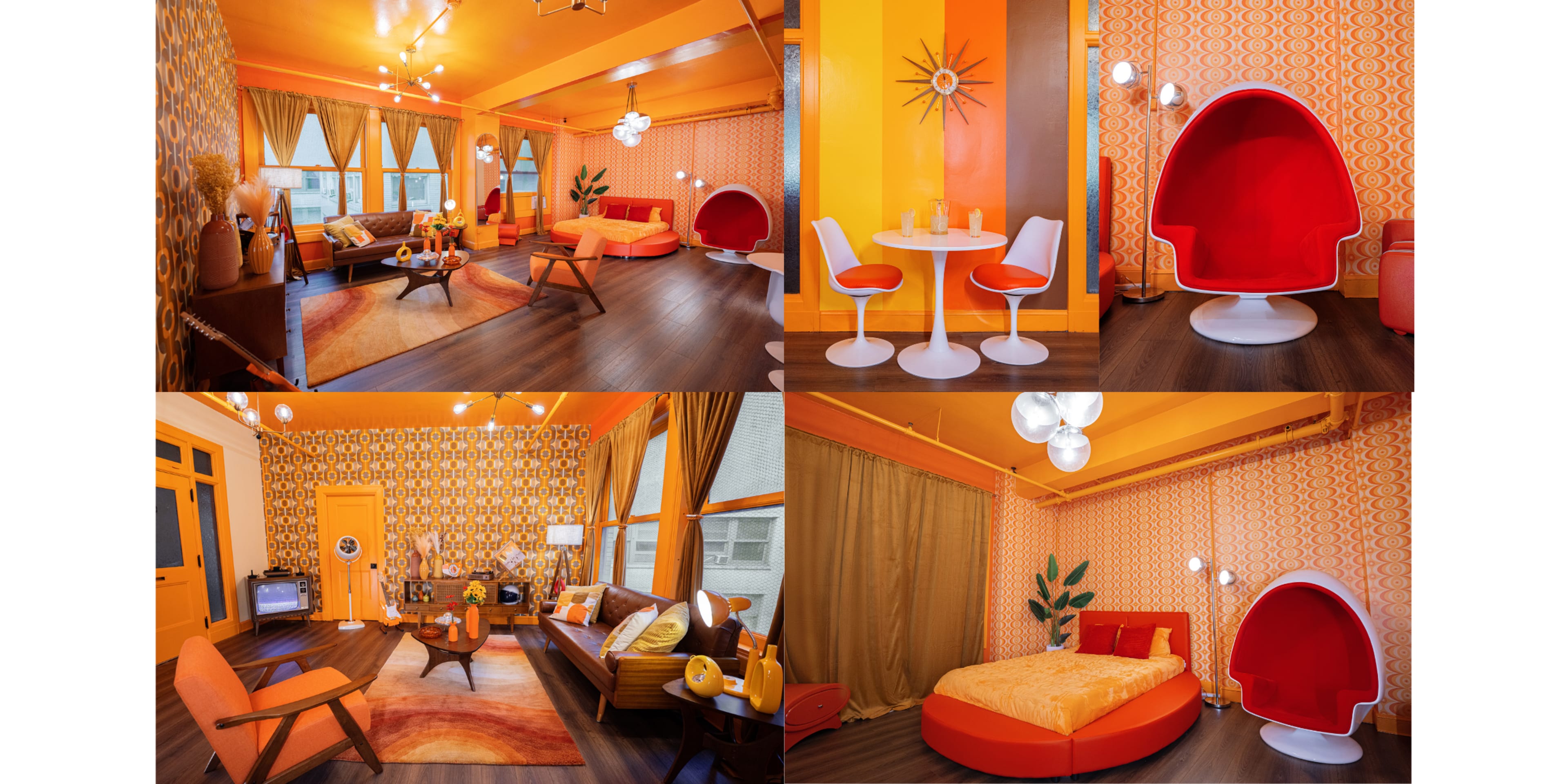 A brightly colored retro-themed interior with orange and yellow walls, various furniture pieces, and distinct round seating options.