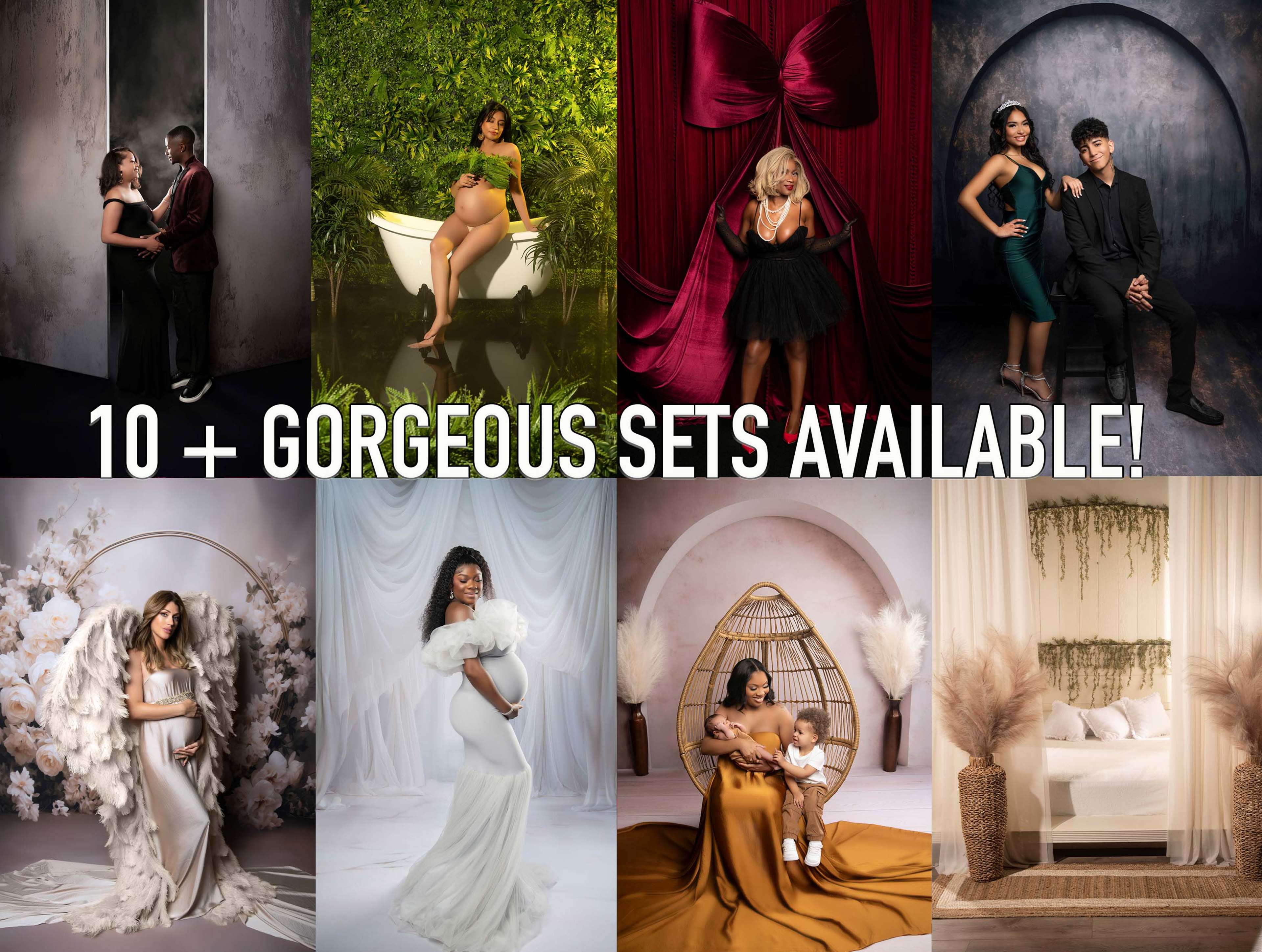 The image showcases a collage of various studio photography sets featuring models in diverse poses and outfits, highlighting themes such as maternity, glamour, and elegance across different backgrounds.