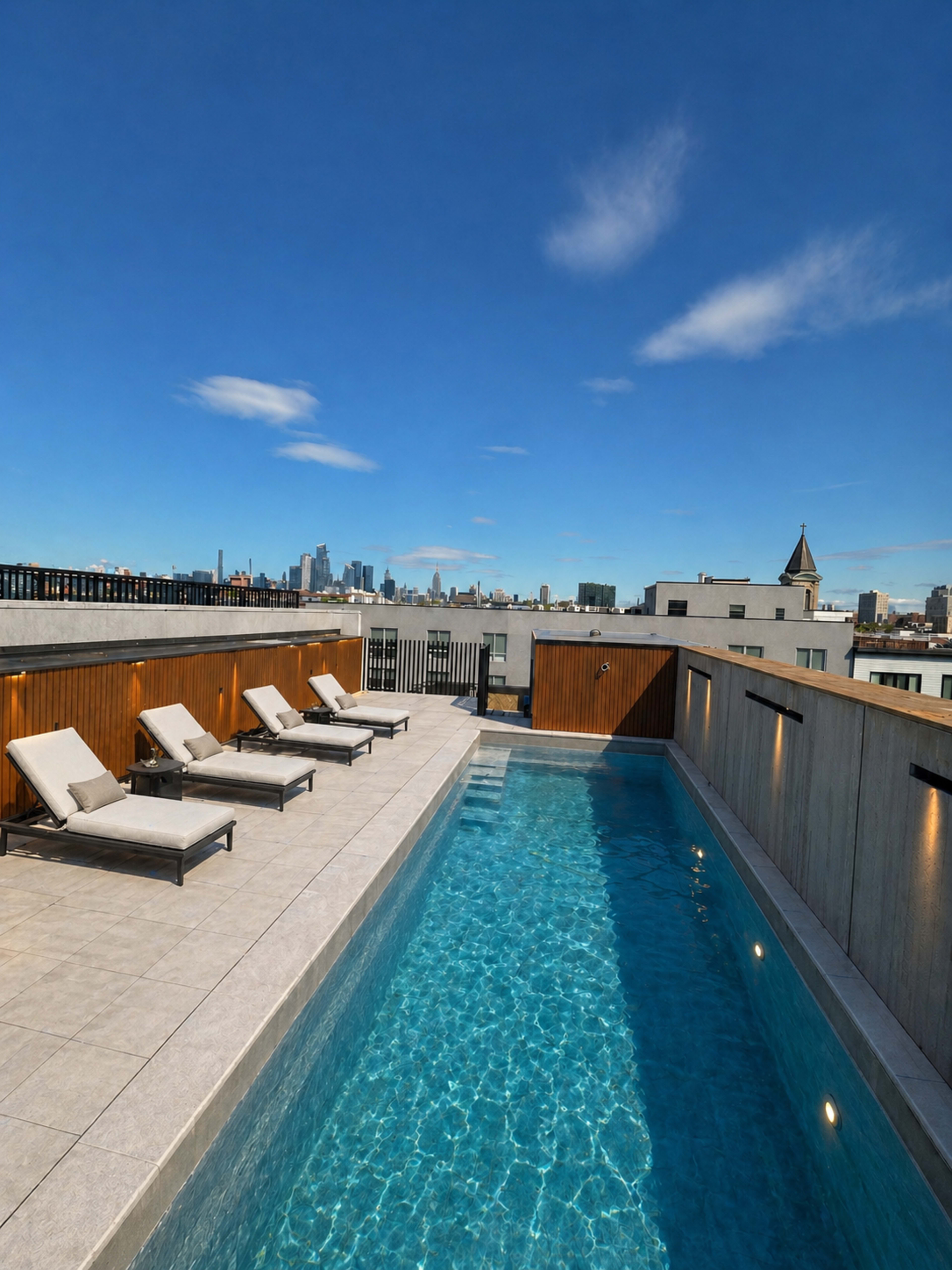The image shows a rooftop pool with lounge chairs and a skyline view of a city under a clear blue sky.