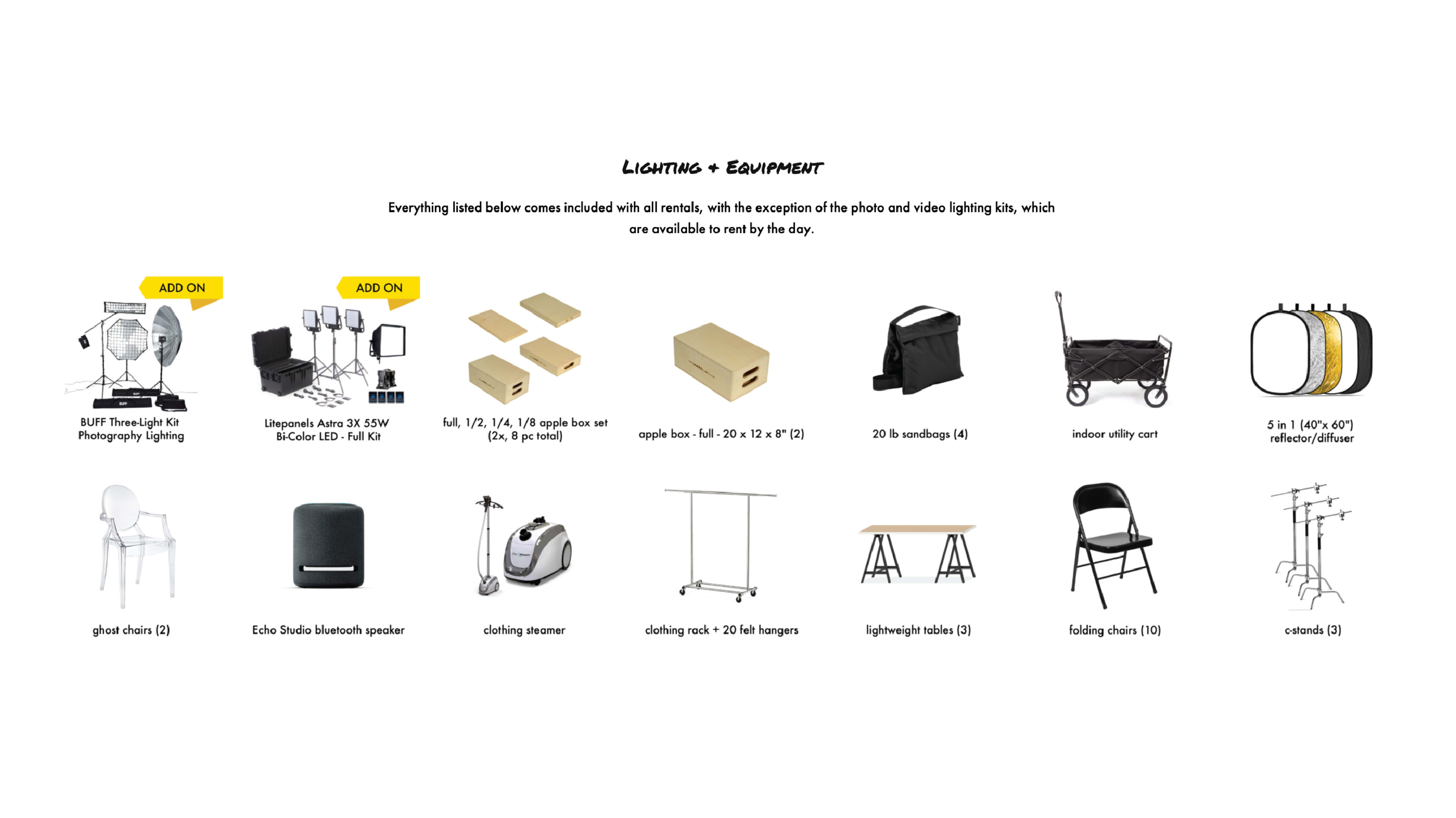 A list of photography lighting and equipment items, including various lights, stands, and accessories organized in a clear format.