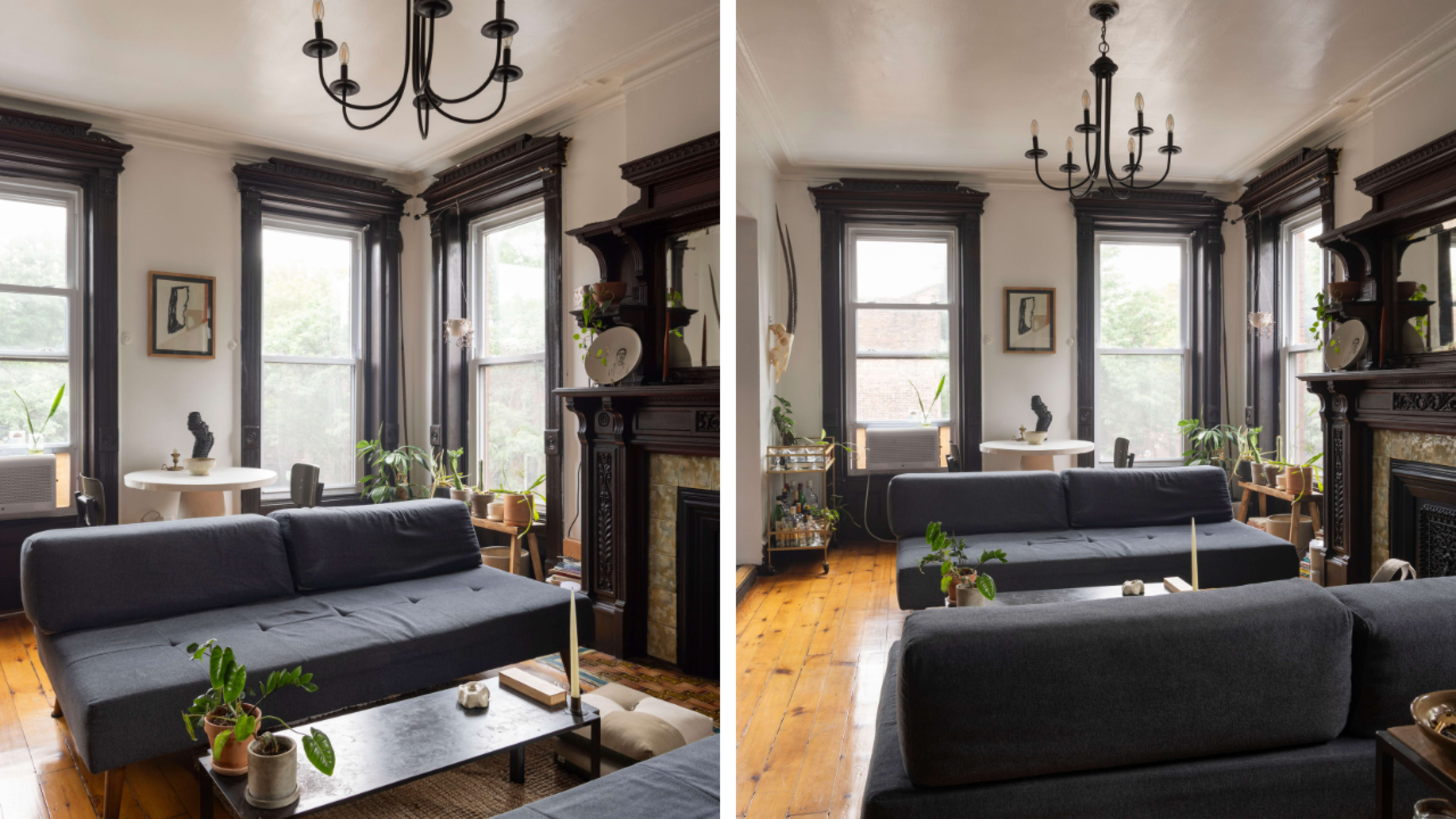 The image shows a cozy living room with a dark sofa, a plants, and large windows allowing natural light to enter.