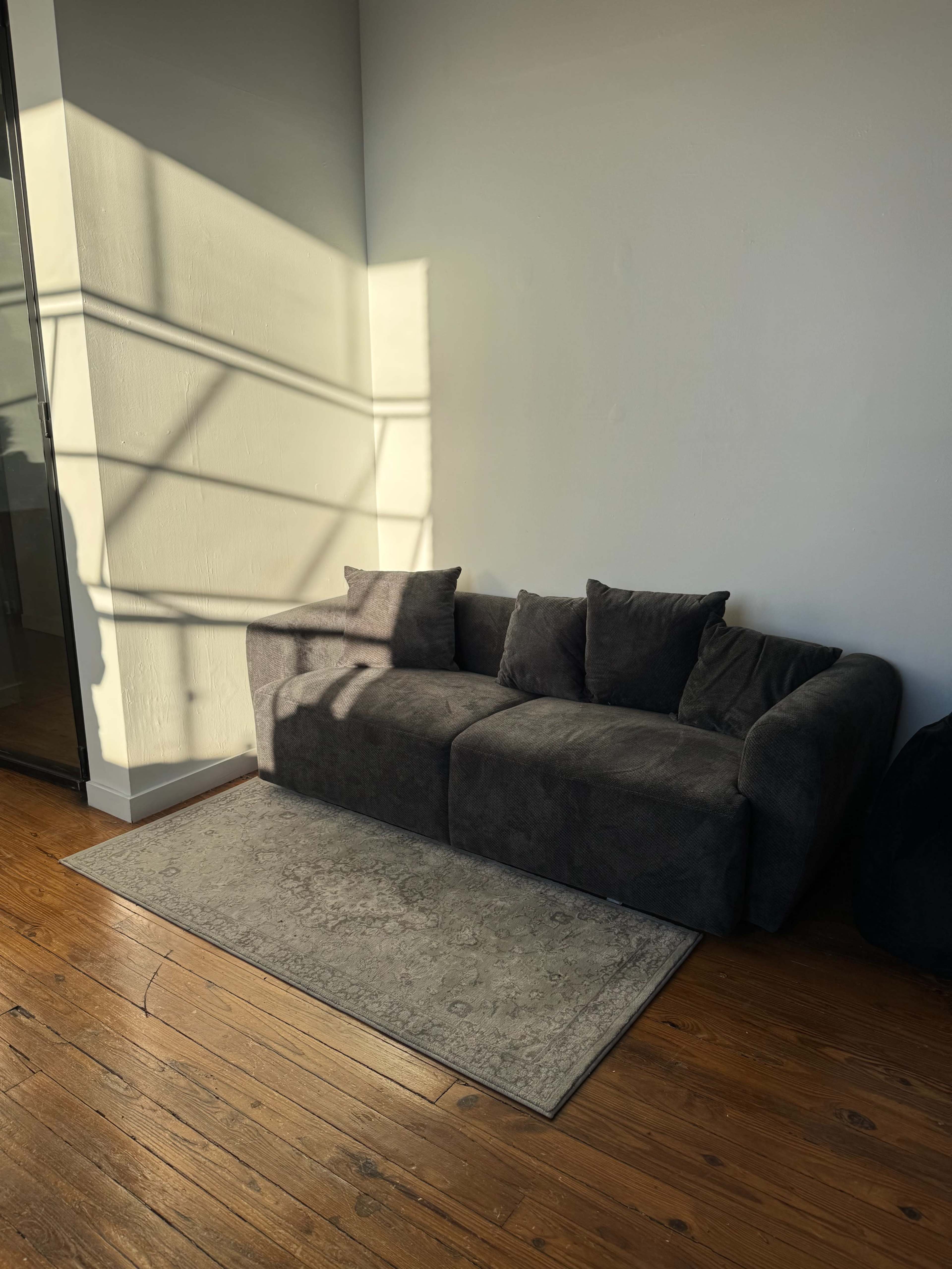 A gray sofa with three cushions sits on a wooden floor beside a light-colored area rug, illuminated by sunlight casting shadows along the wall.
