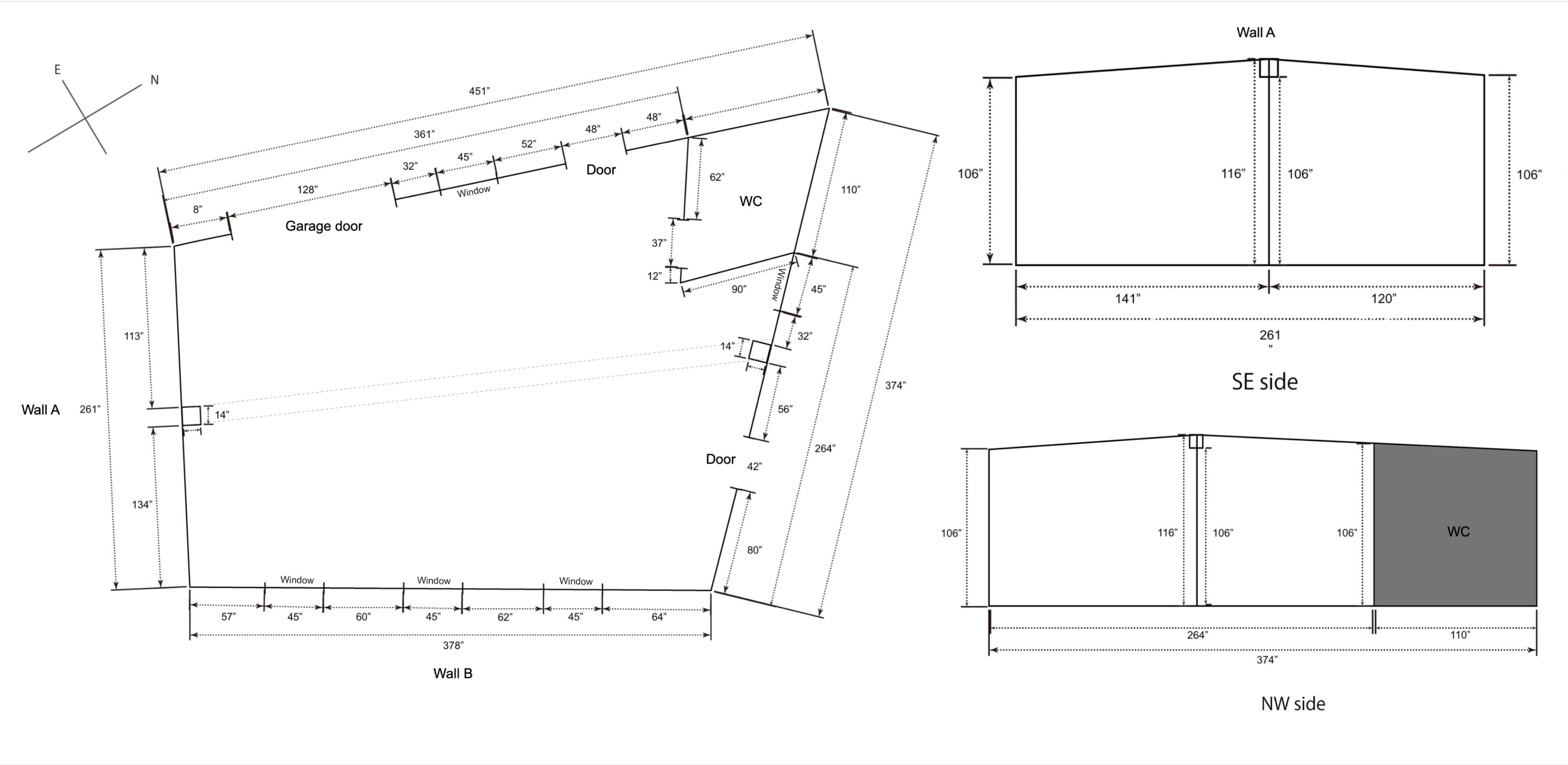 A set of architectural floor plans and elevations for a building, including labeled dimensions and features such as a garage door and a restroom.