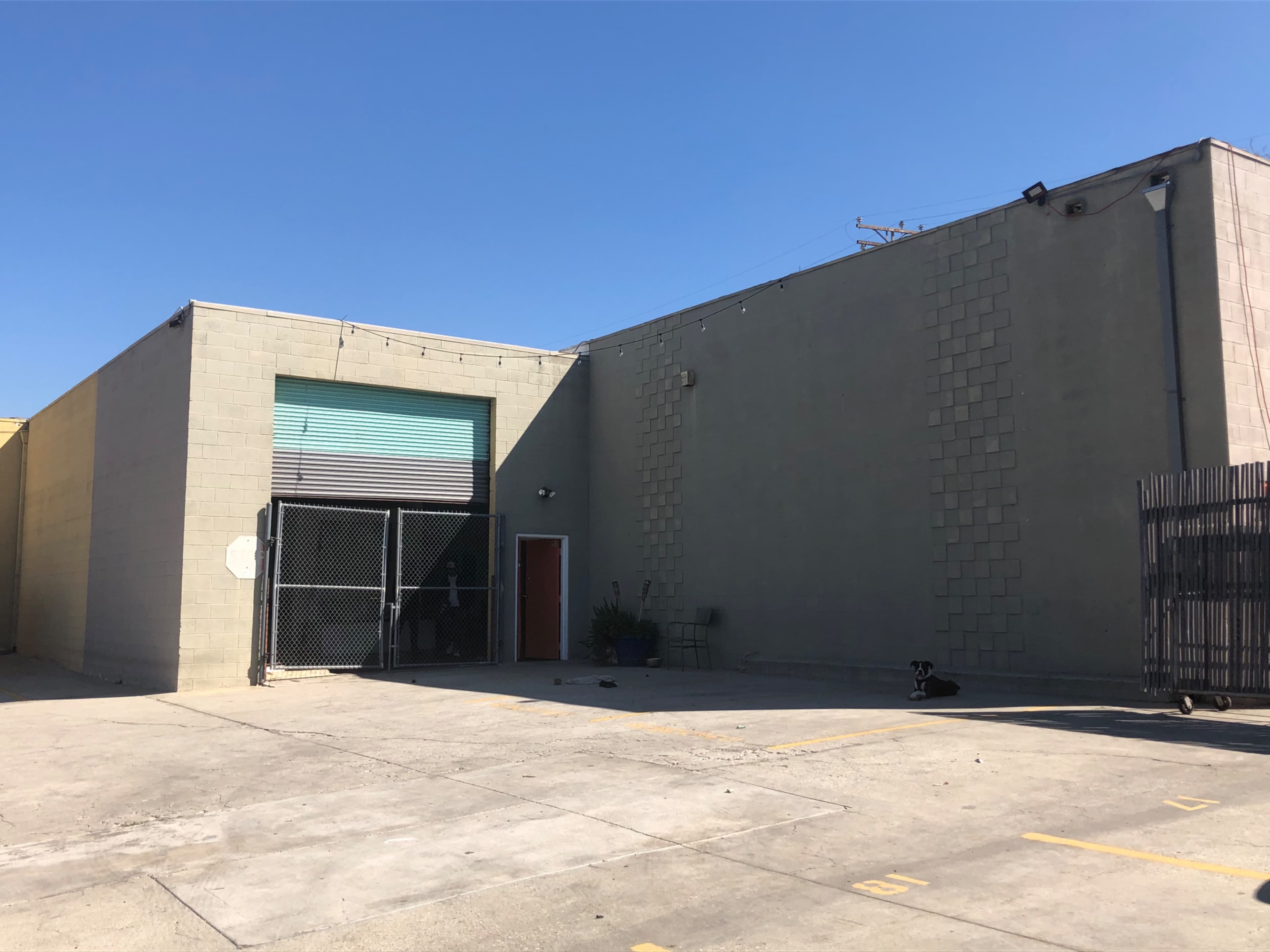 A gray industrial building with a fenced-off entrance and a dog lying in the parking lot.