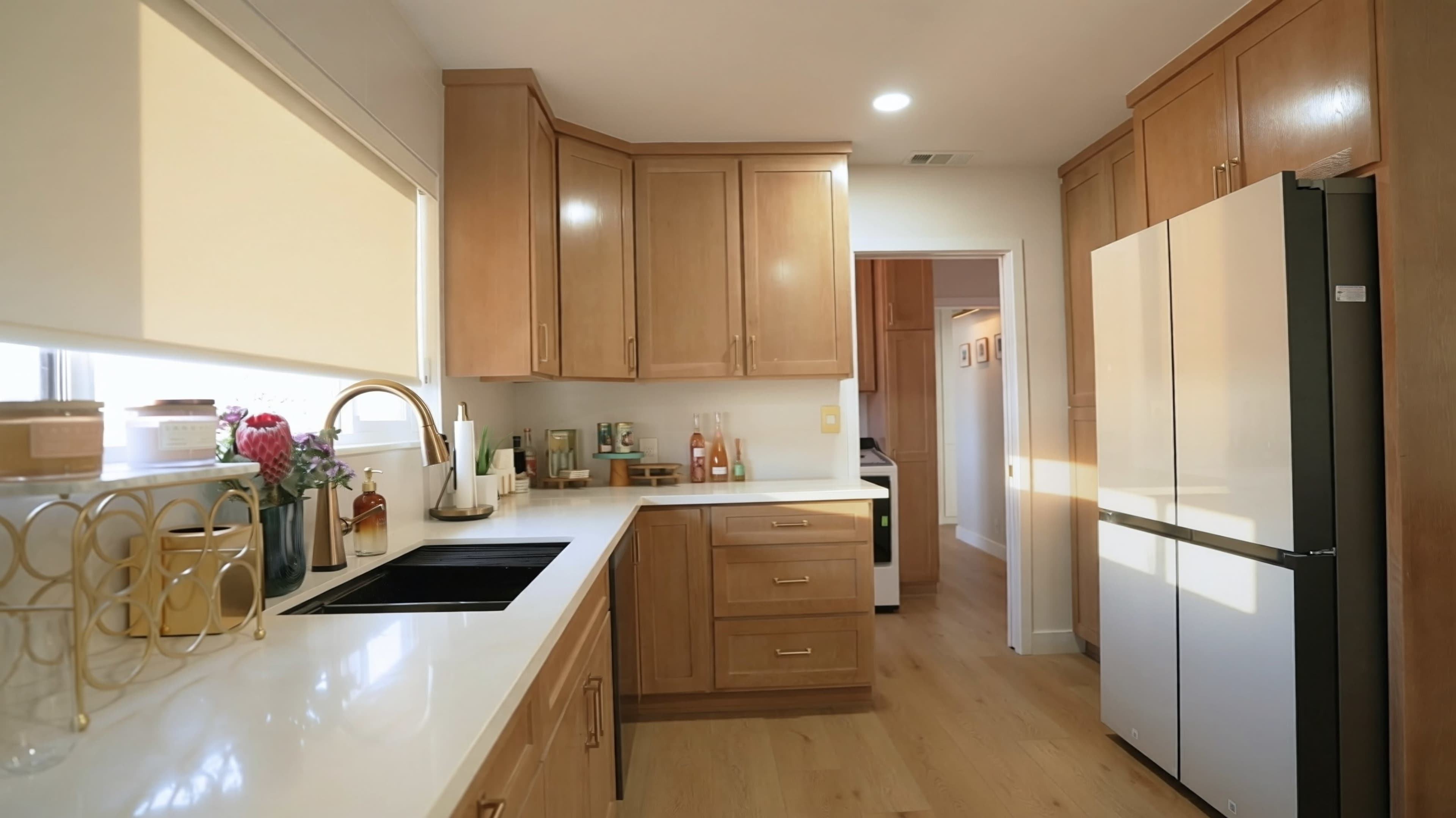 The image shows a modern kitchen with wooden cabinetry, a white countertop, and a refrigerator opposite a doorway leading to another room.