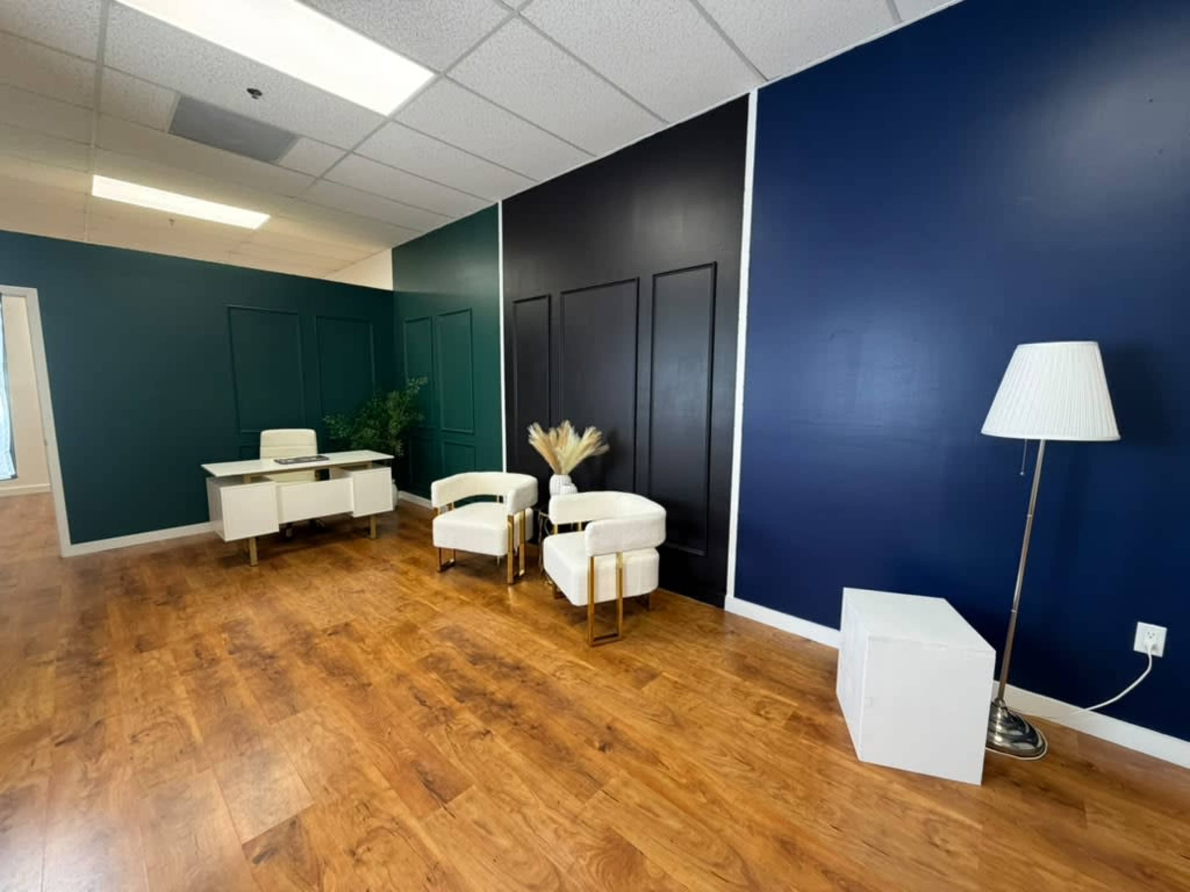 The image shows a modern office interior featuring a white desk, two white chairs, a lamp, and a green plant against a backdrop of dark blue and black walls with wood flooring.