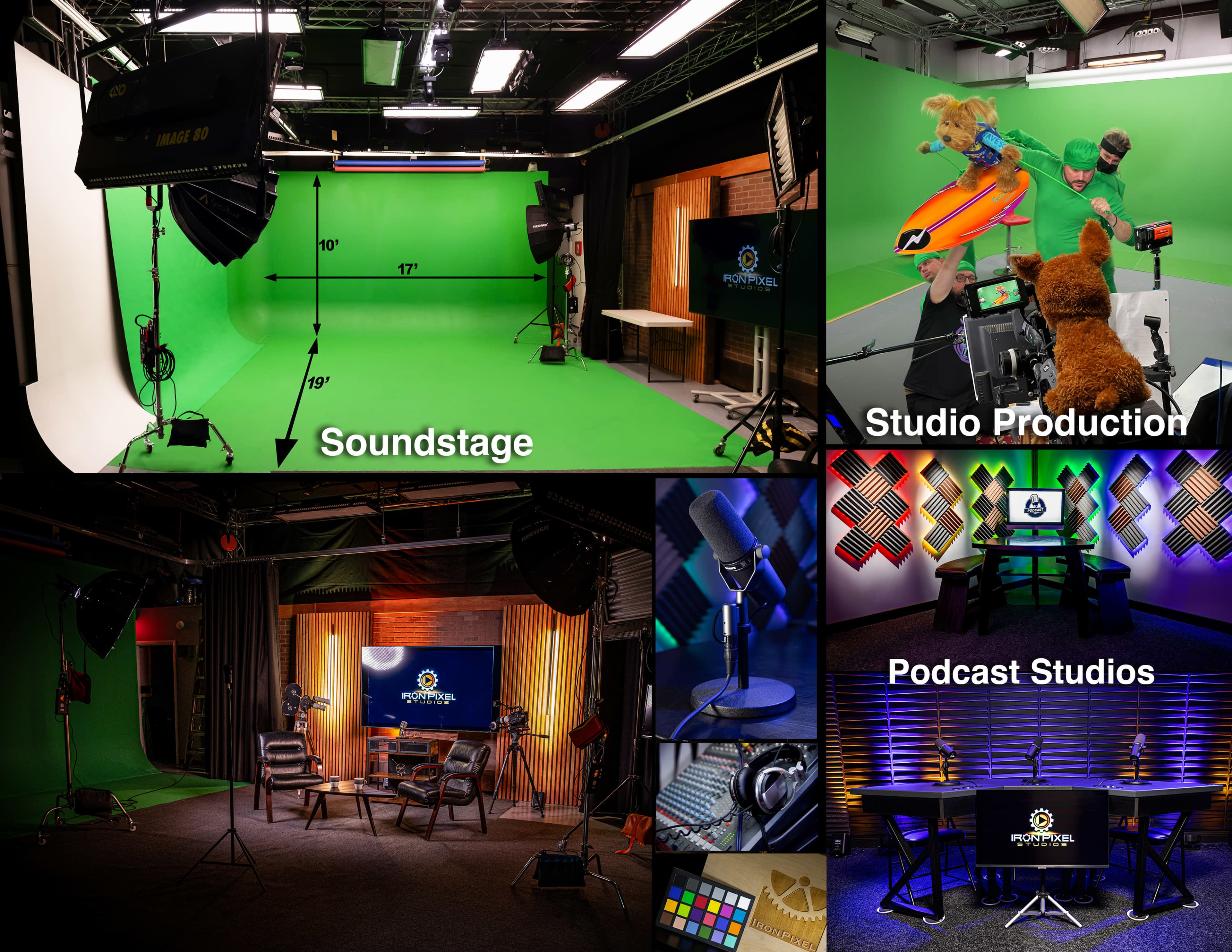 The image shows a collage of four studio environments: a green screen soundstage, a studio production area with people and props, a podcast studio with microphones and equipment, and a well-lit set featuring colorful acoustic panels.