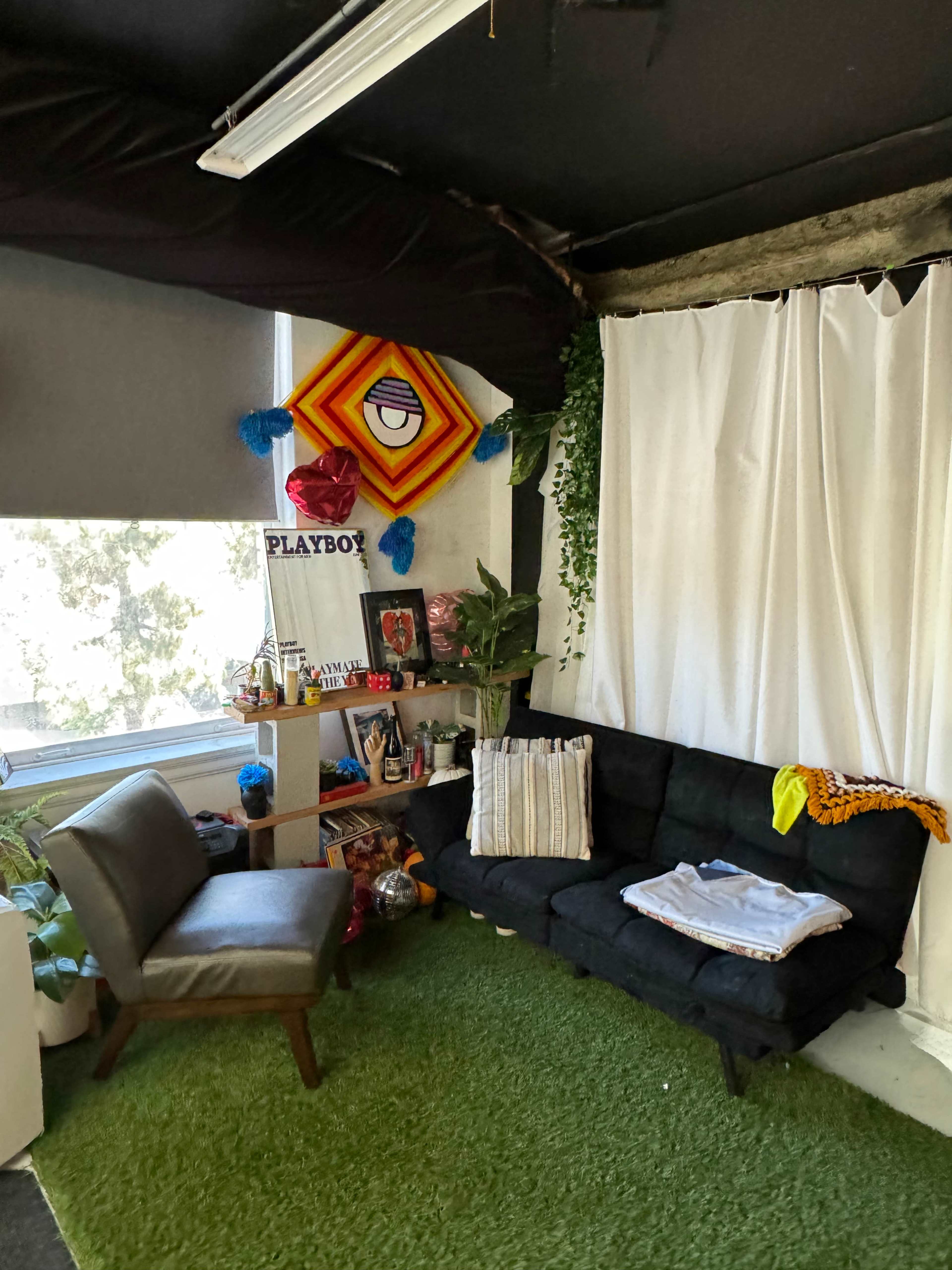The image shows a small, eclectic lounge area featuring a black sofa, a green rug, a white curtain, and various decorations on a shelf, along with plants and a large window.