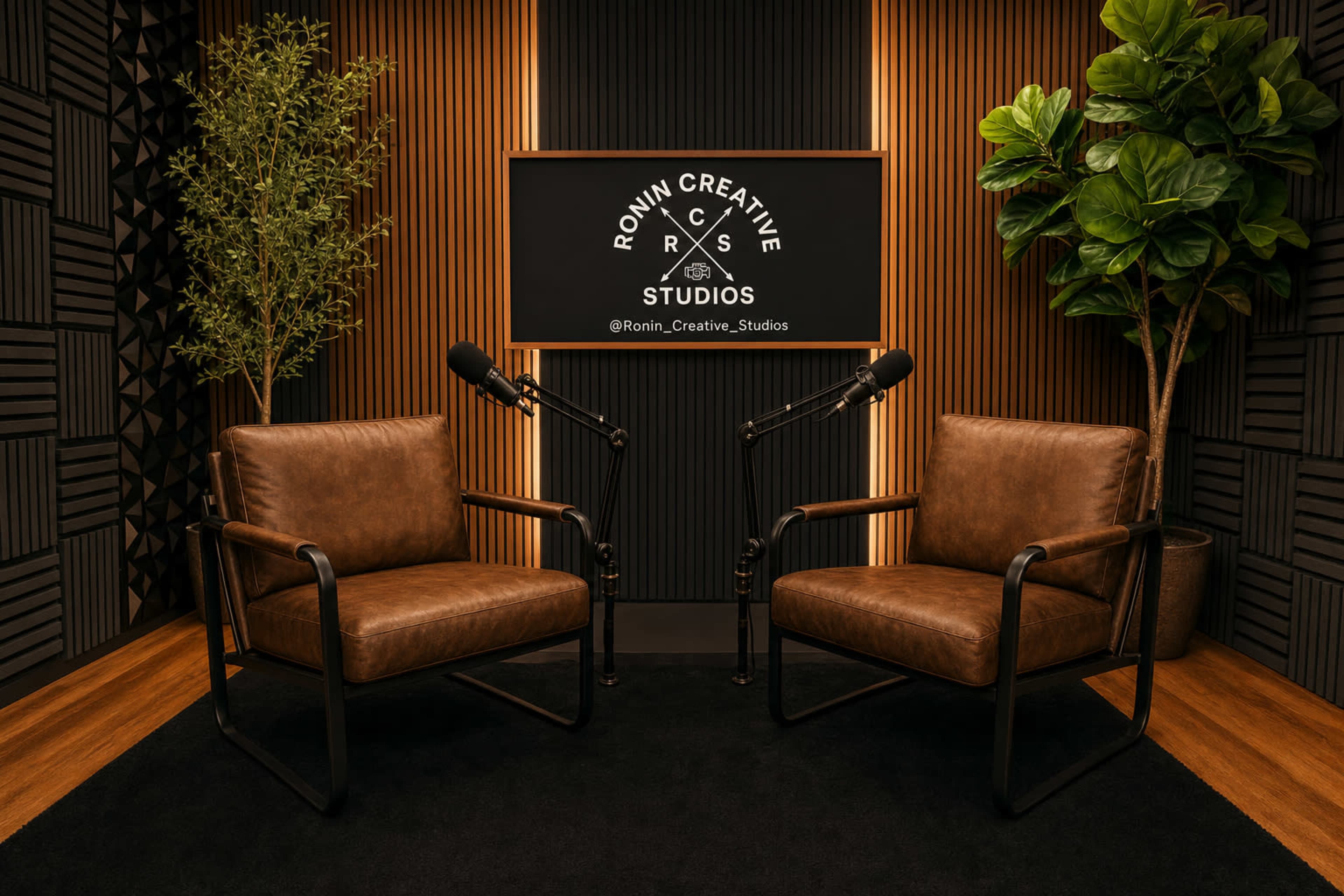 The image features two leather chairs positioned in front of a large screen displaying the logo of "Roin Creative Studios," with microphones placed on either side and greenery in the background.