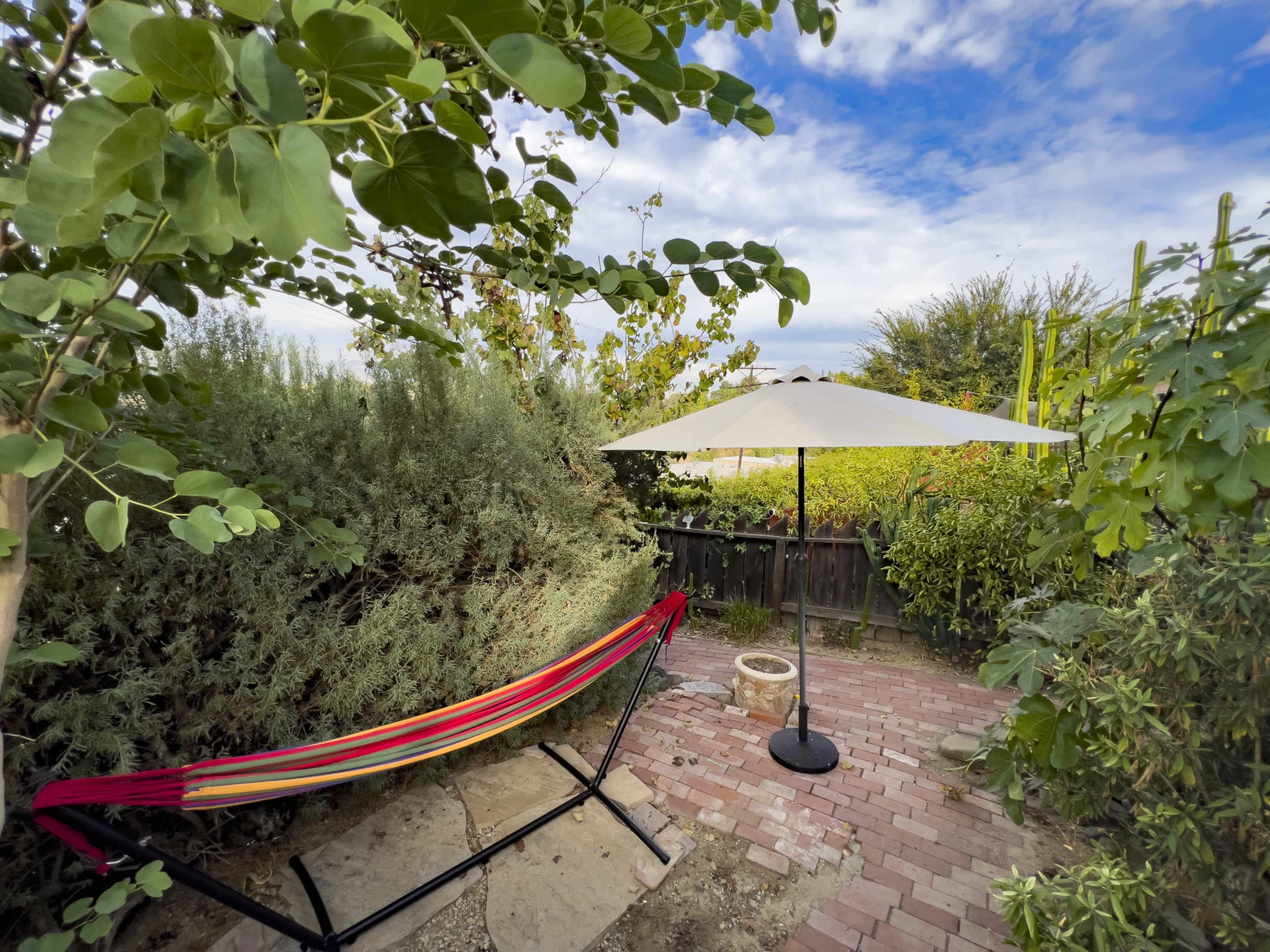 A garden area with a colorful hammock, a white umbrella, and surrounding greenery.