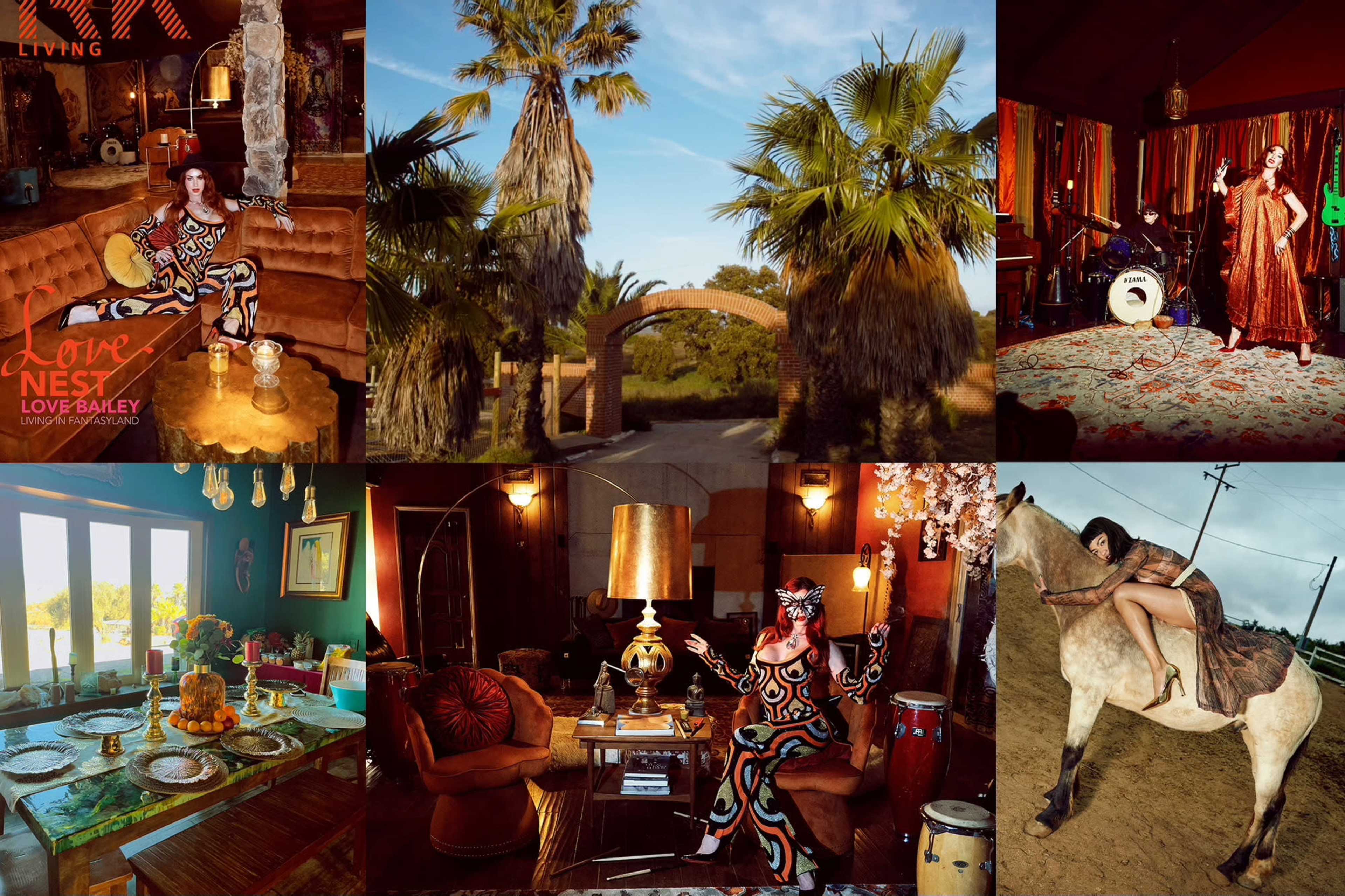 A collage featuring various scenes including a woman in a colorful outfit surrounded by decor, an outdoor archway with palm trees, a vibrant indoor performance with a band, a dining table set with food, and a woman riding a horse.