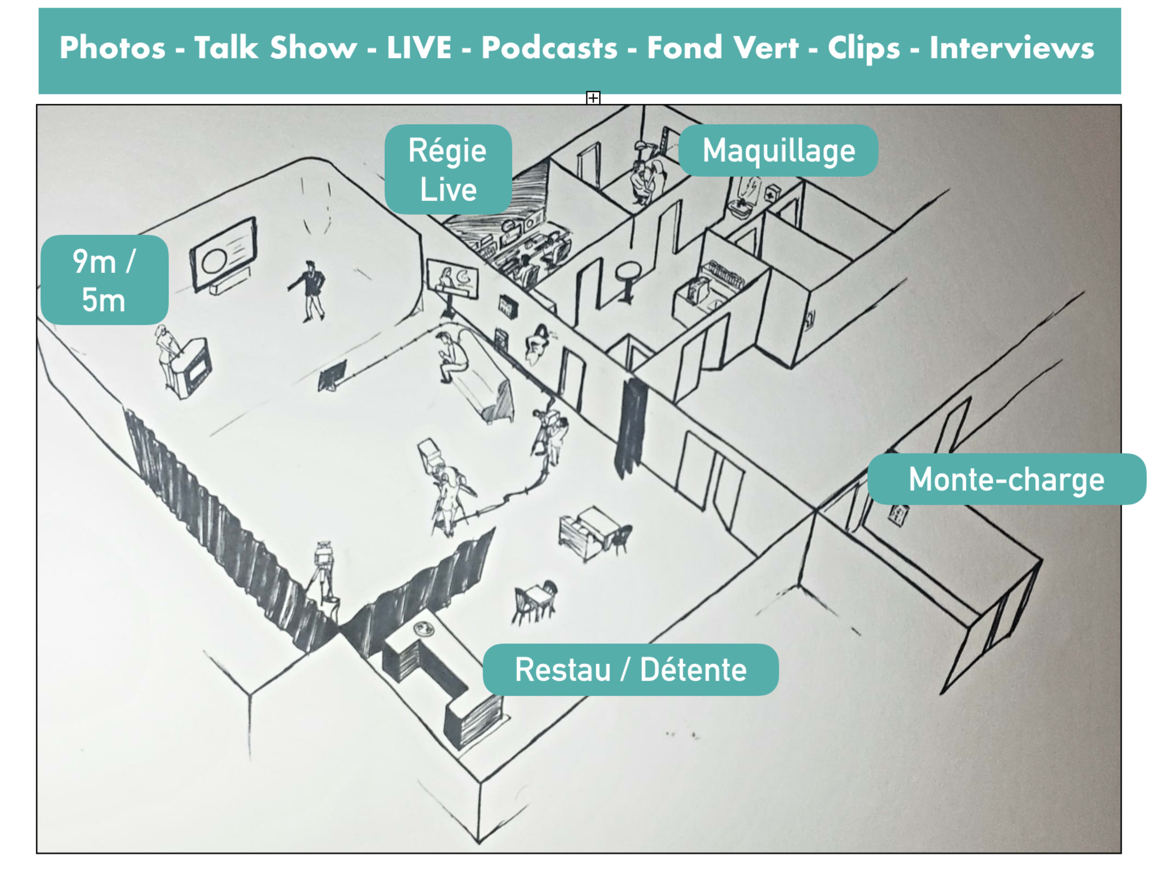 A floor plan of a studio layout featuring areas for live broadcasting, makeup, rest and dining, along with labels for various sections.