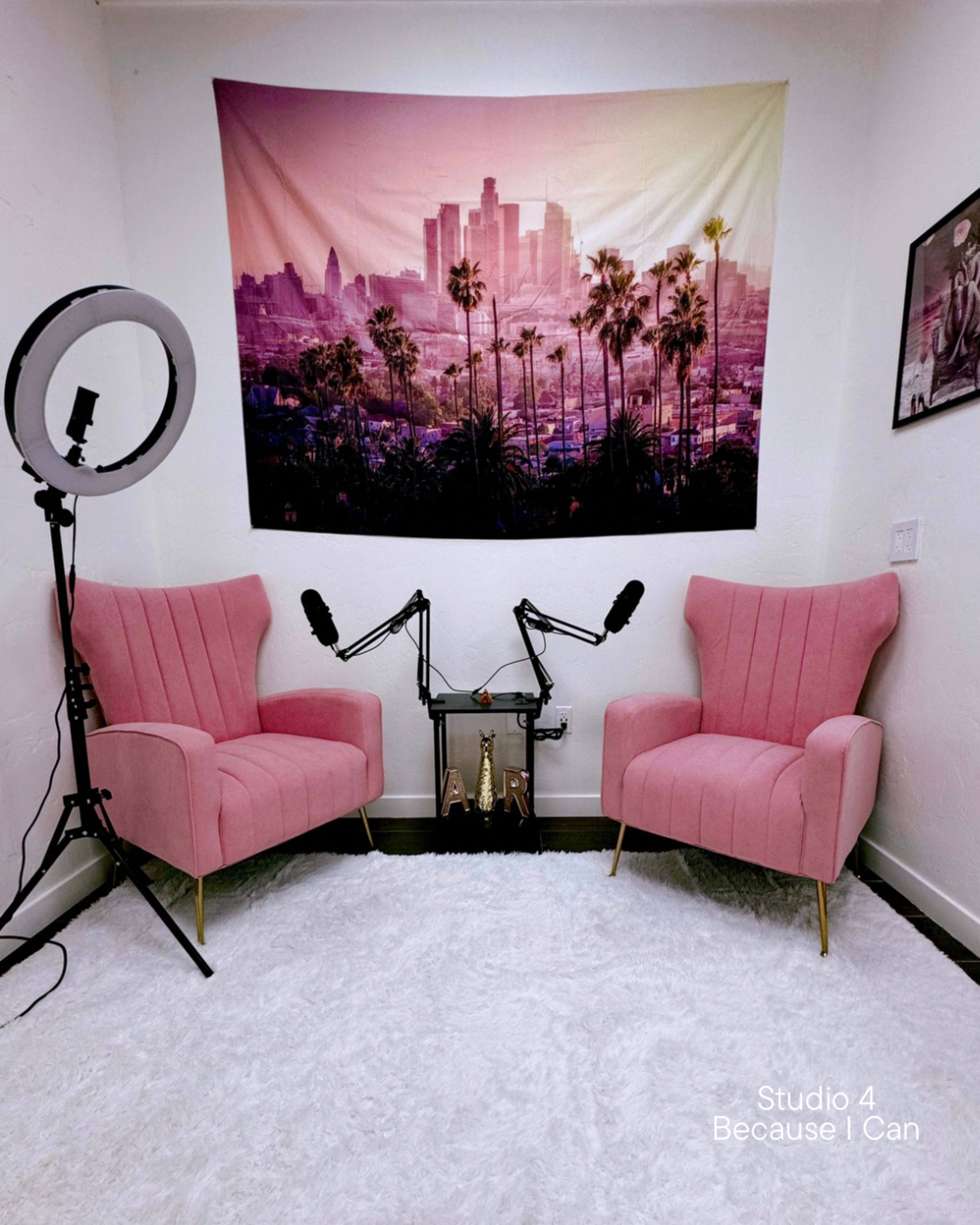 The image shows a small studio setup with two pink chairs facing each other, a round ring light on a stand, a backdrop featuring a city skyline with palm trees, and two microphones on a stand in the center.