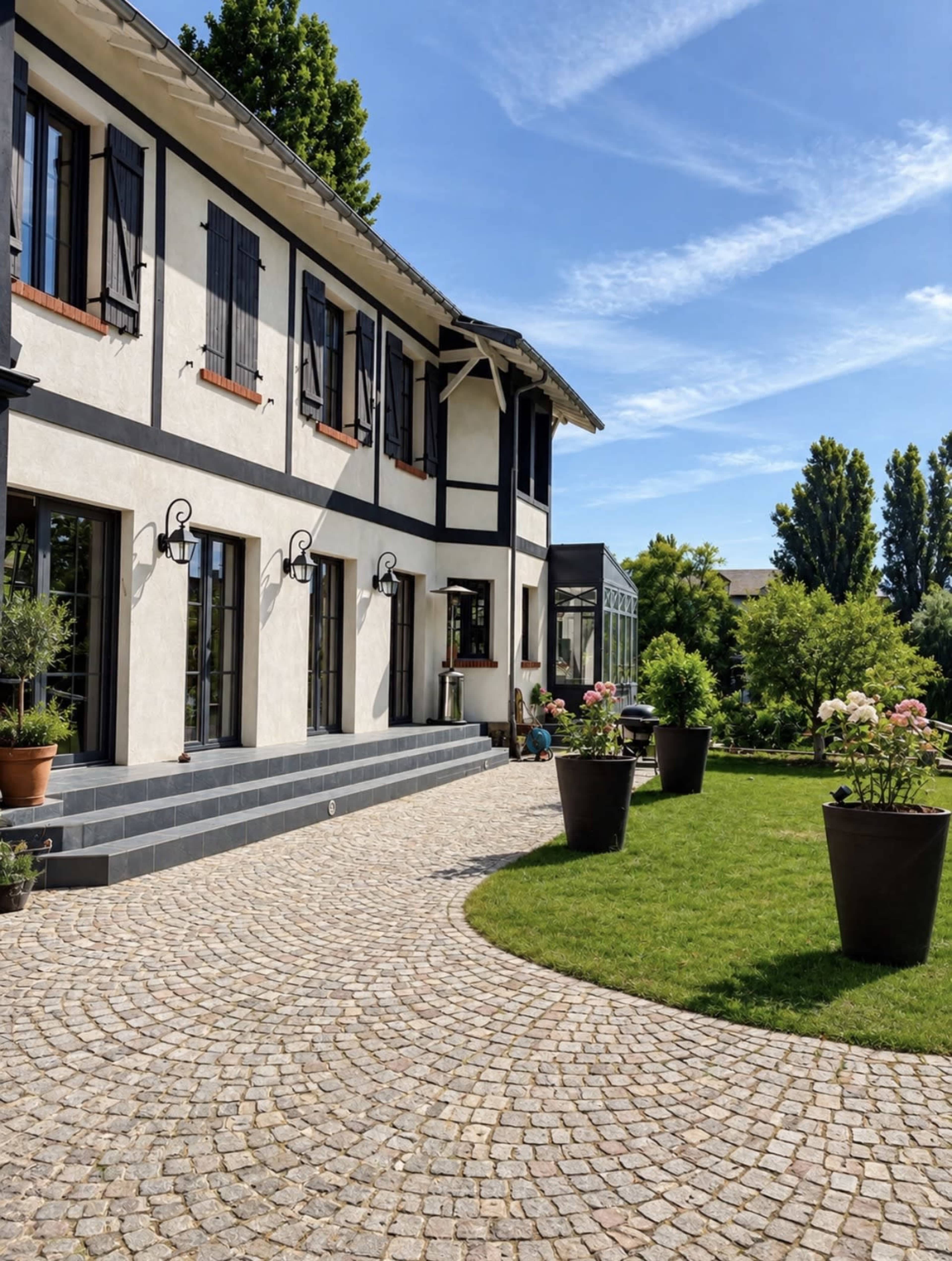 The image shows a well-designed house with a cobblestone pathway leading to a green lawn, surrounded by potted plants.