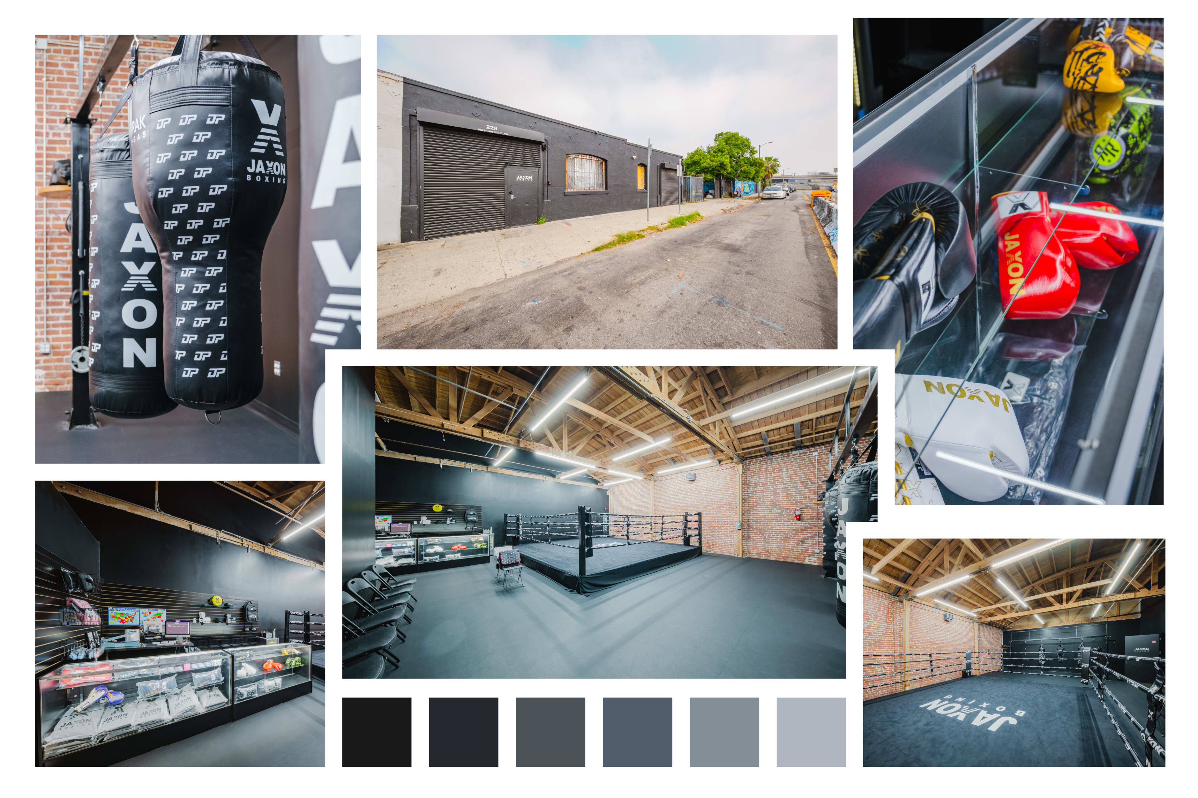 The image showcases a boxing gym featuring a boxing ring, punching bags, and various boxing equipment displayed in cases within a modern, industrial space.