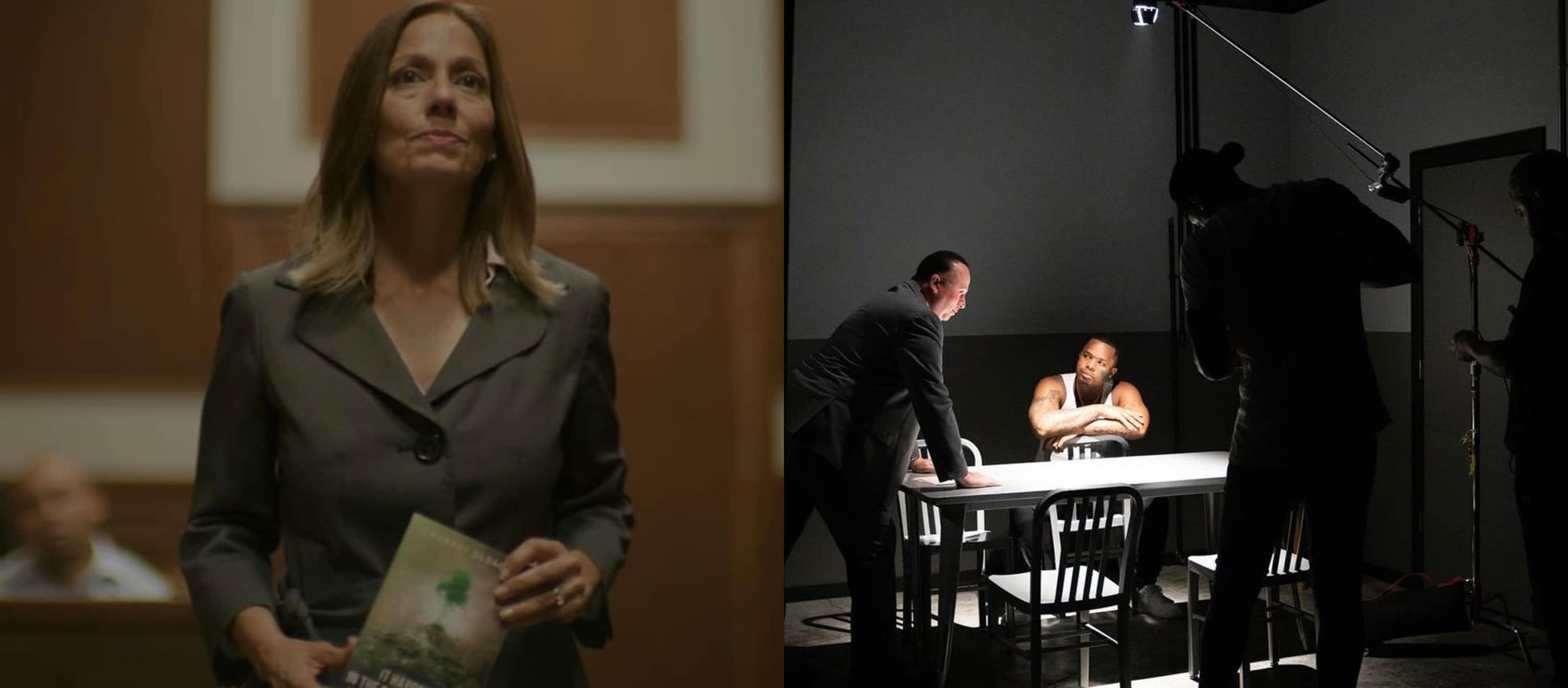 A woman in a suit holding a book in a courtroom setting, while on the right, a man is being interrogated at a table under bright lights by two individuals.