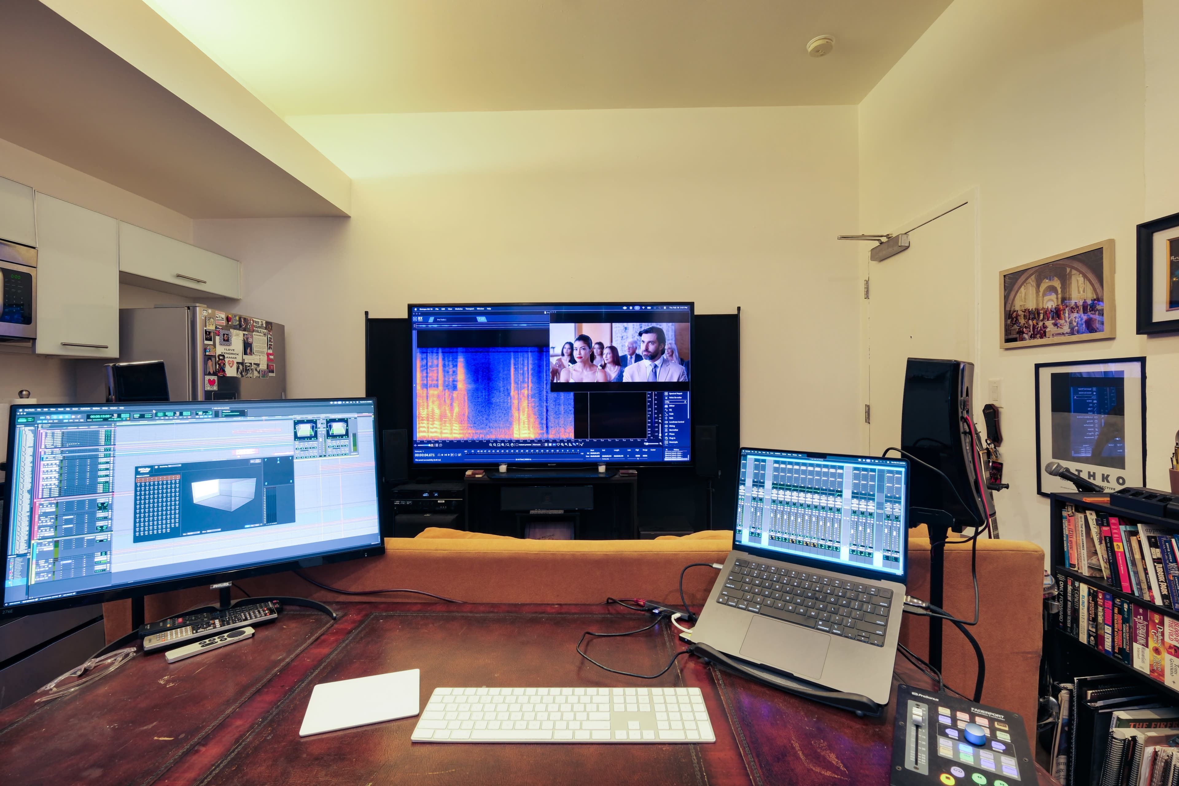 A workspace features multiple screens, including a large display showing video editing software and audio waveforms, with a desk containing a laptop and another monitor.