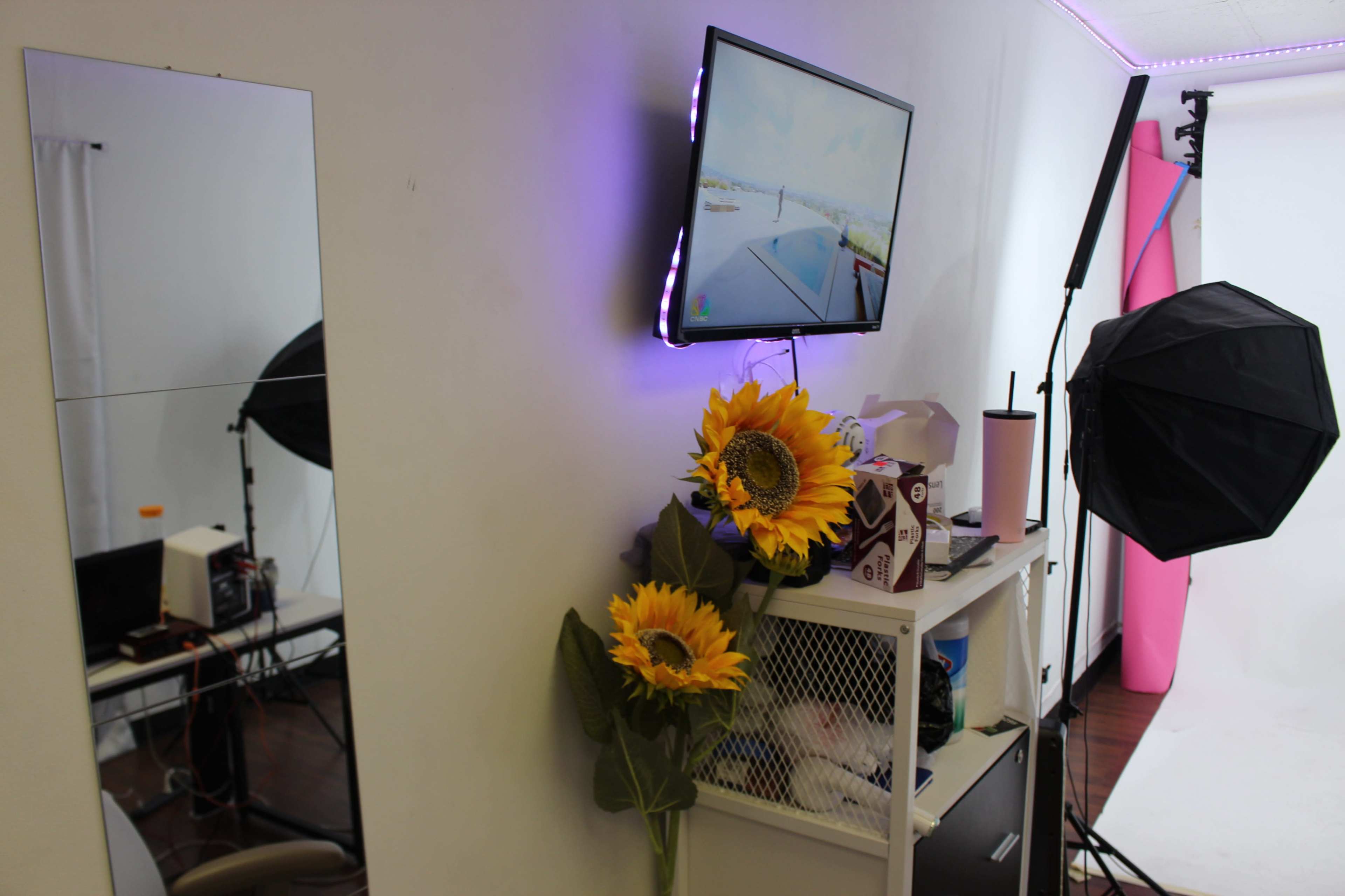 A room setup featuring a wall-mounted television, a large mirror, a vase of sunflowers, and a photography light stand.