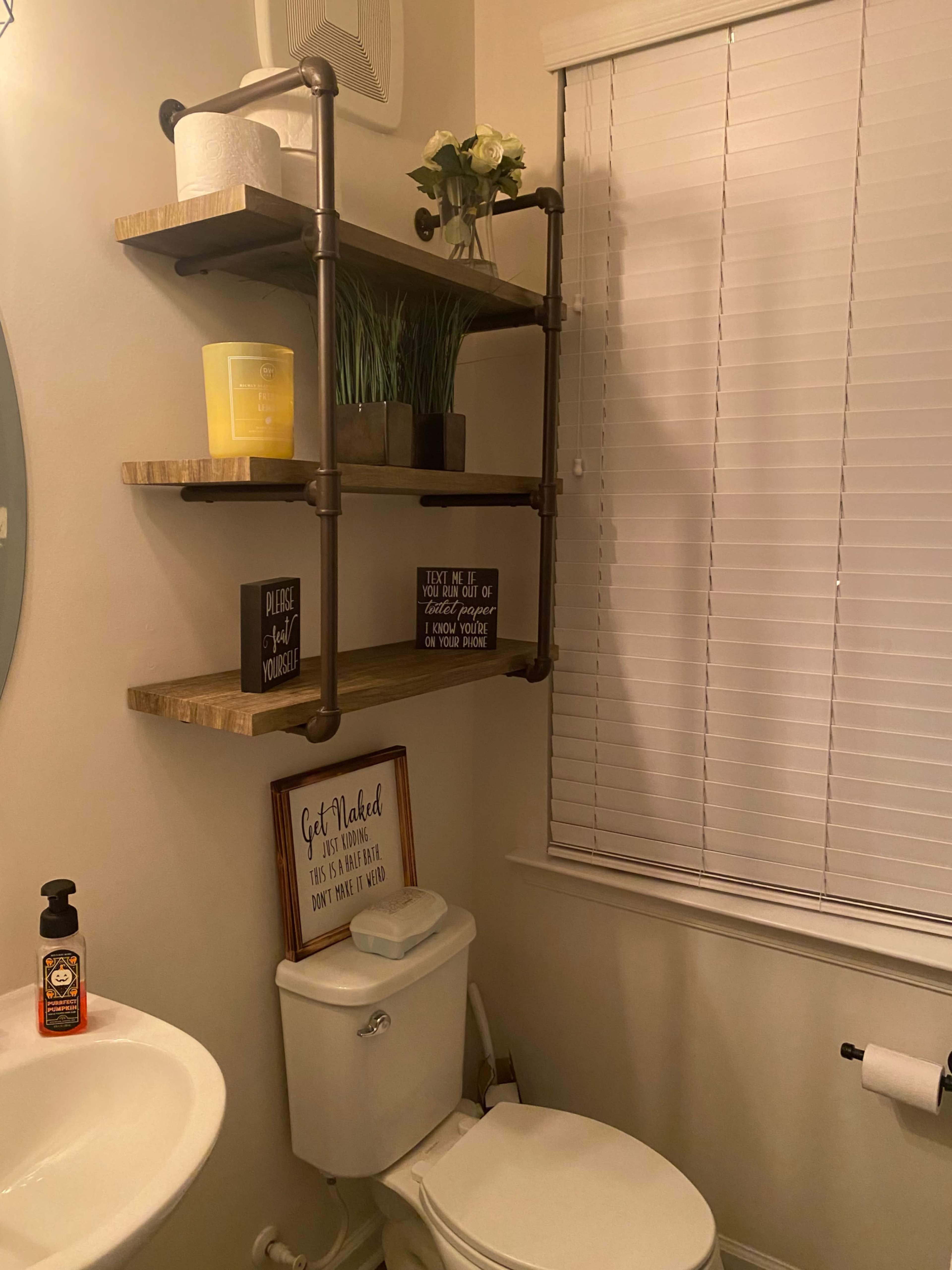 The image shows a bathroom with wooden shelves supported by metal pipes, containing decorative items and a mirror, along with a toilet and sink.