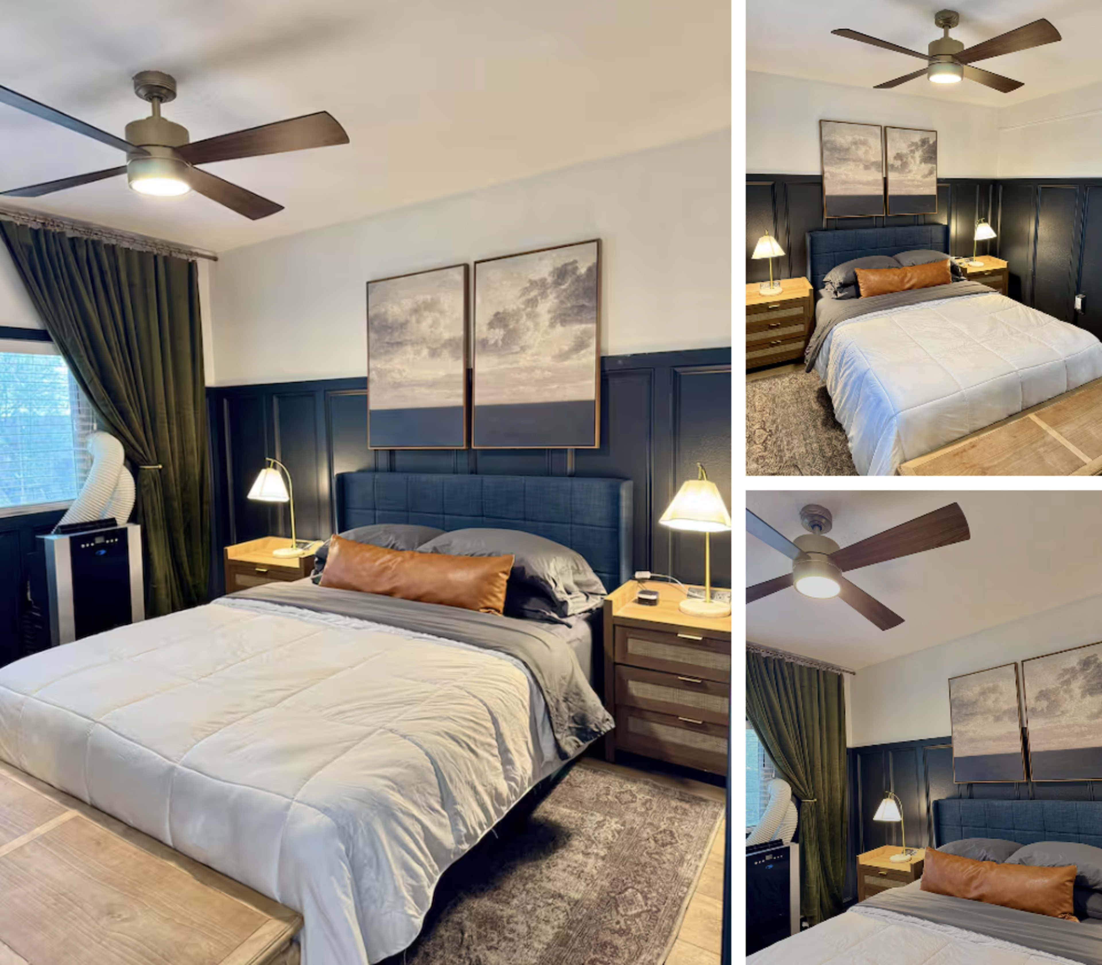 The image features a modern bedroom with a queen-sized bed, decorative wall art, a ceiling fan, and wooden nightstands on either side.