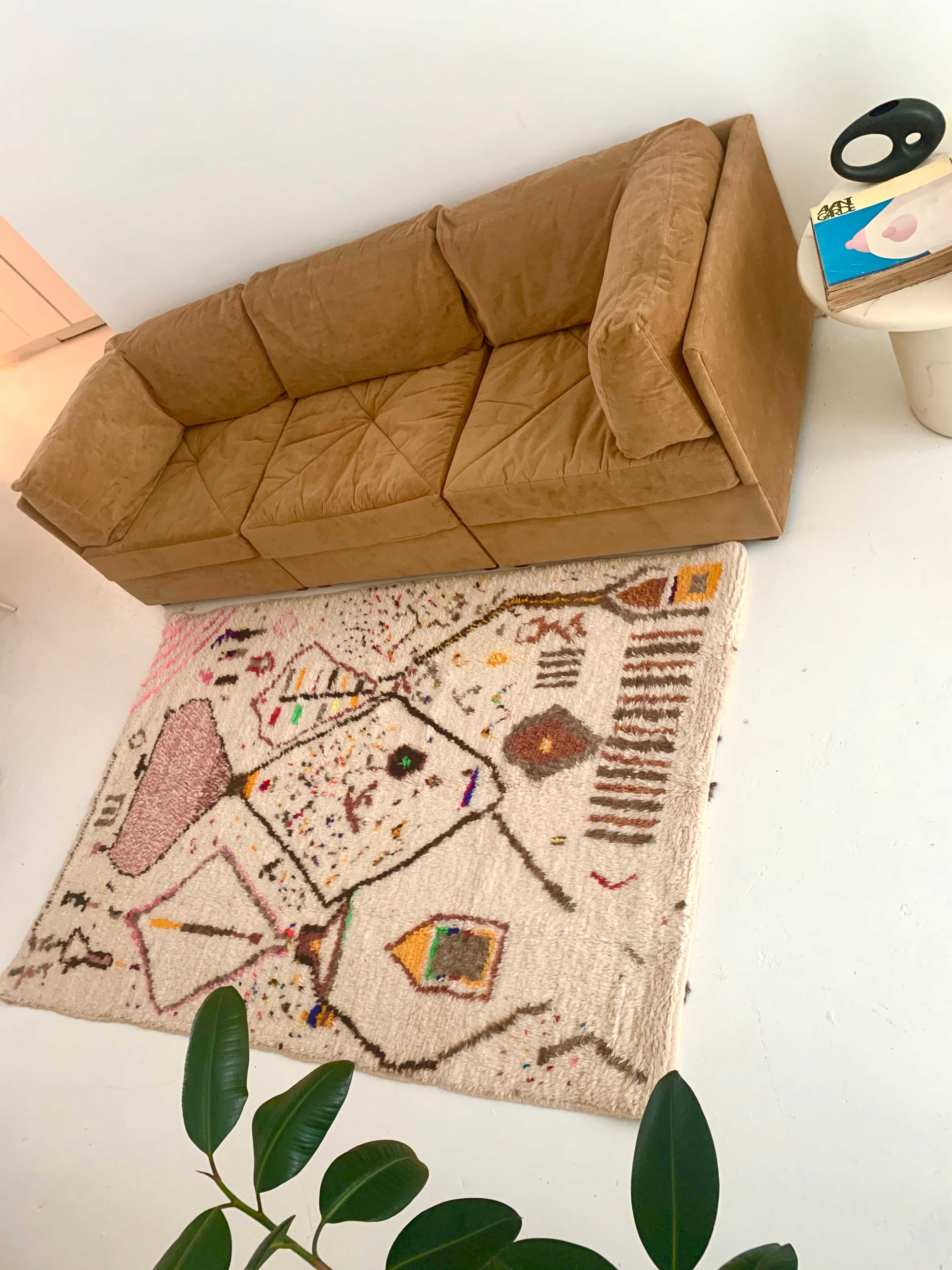 A brown upholstered couch is positioned on a patterned rug in a light-colored room, with a plant partially visible in the foreground.