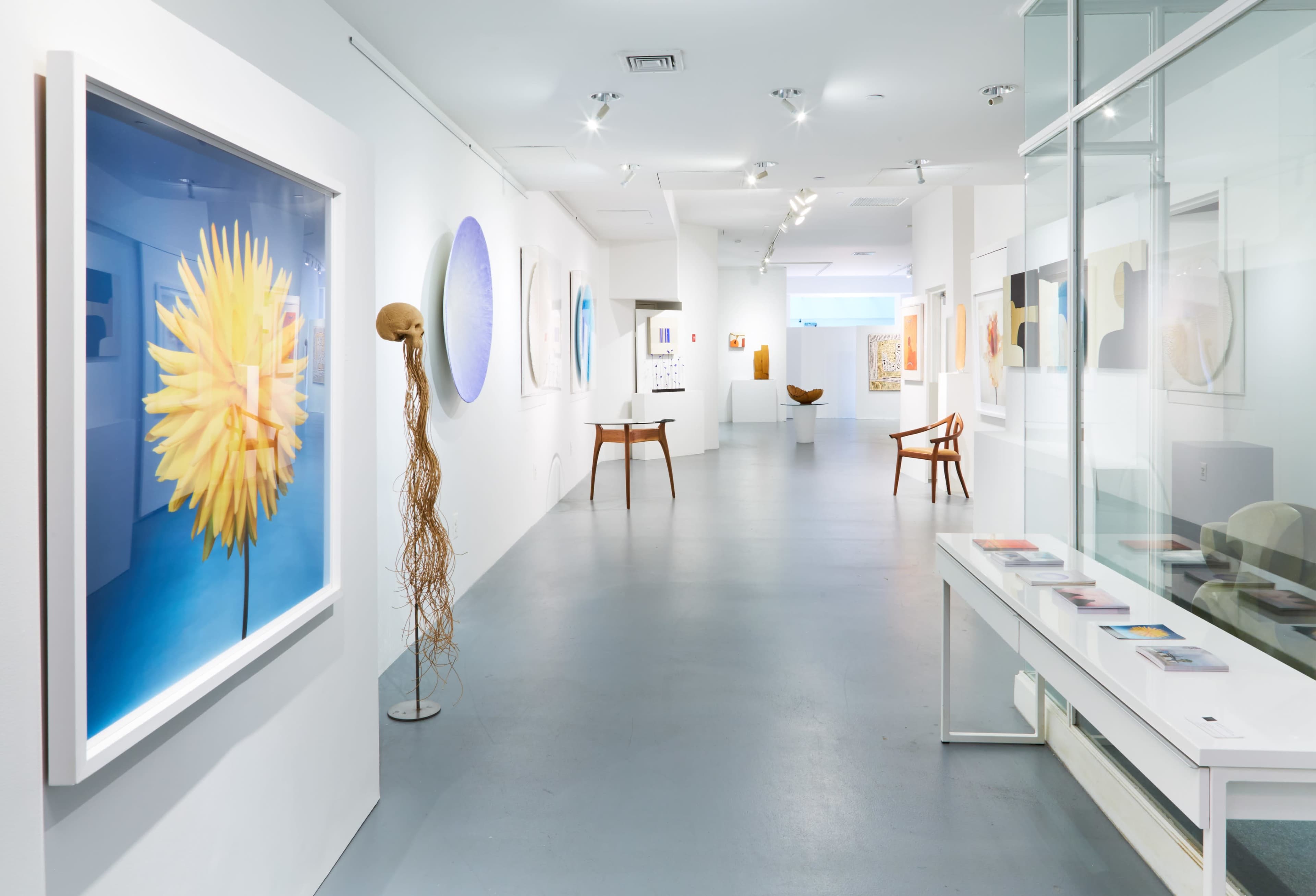 The image depicts a modern gallery space featuring various framed artworks on white walls, with vibrant colors and a variety of shapes.