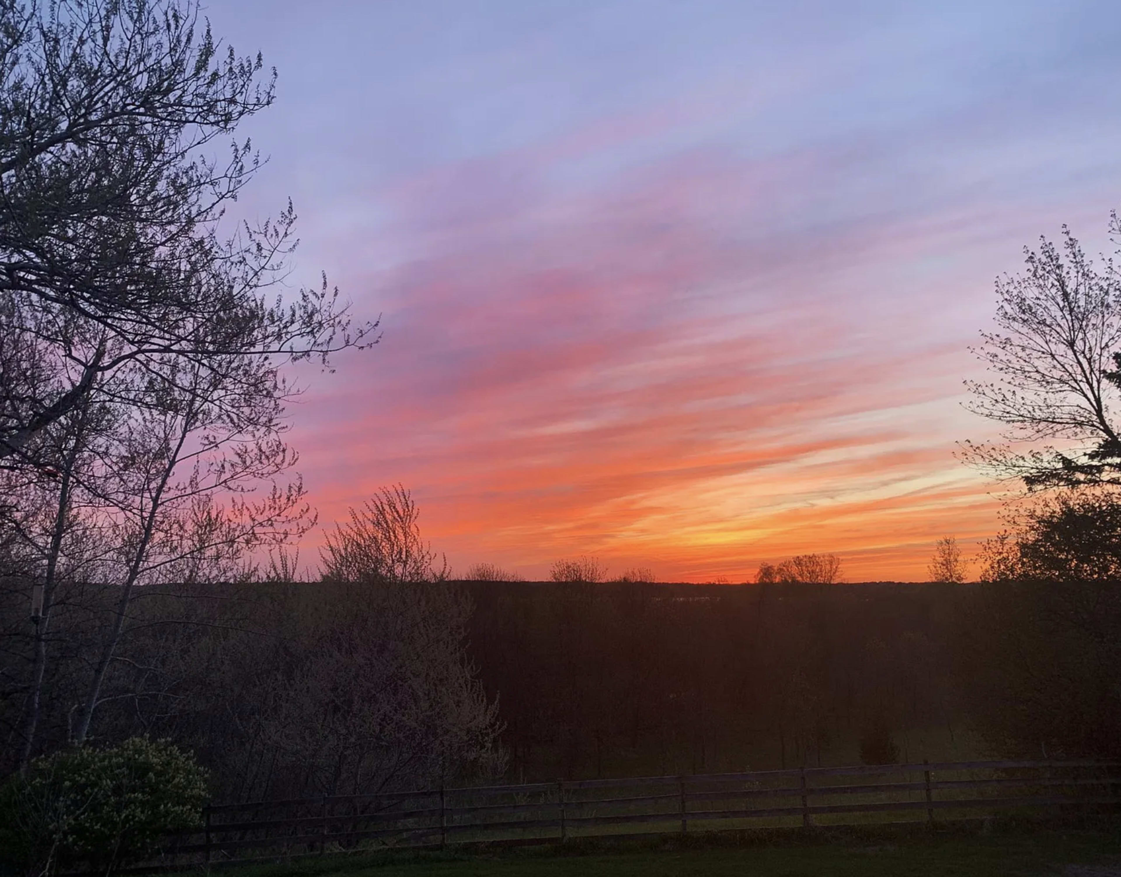 A sunset with vibrant colors in the sky over a landscape with trees and a wooden fence.