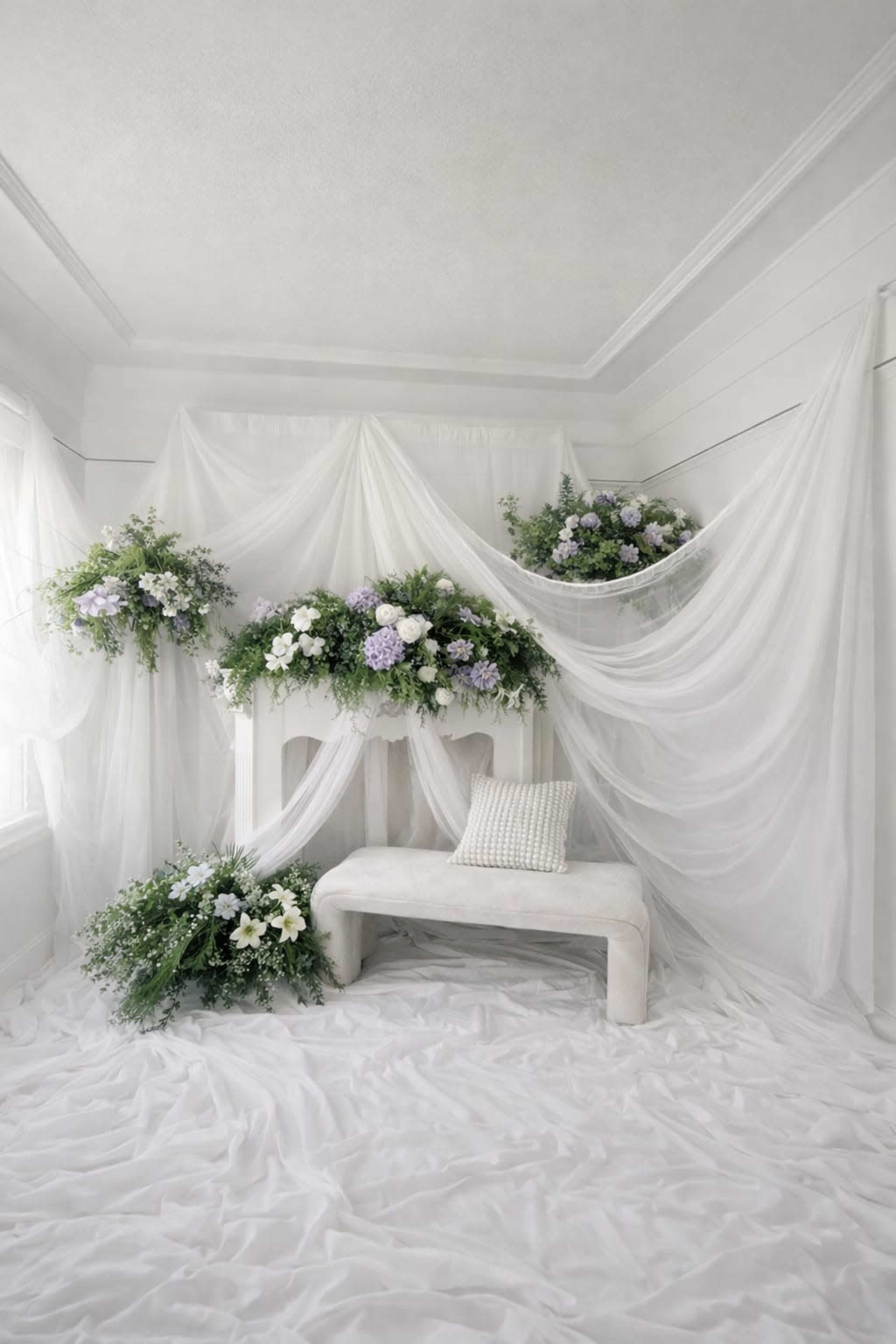 A decorative space features a white bench surrounded by draped fabric and floral arrangements with purple and white flowers.