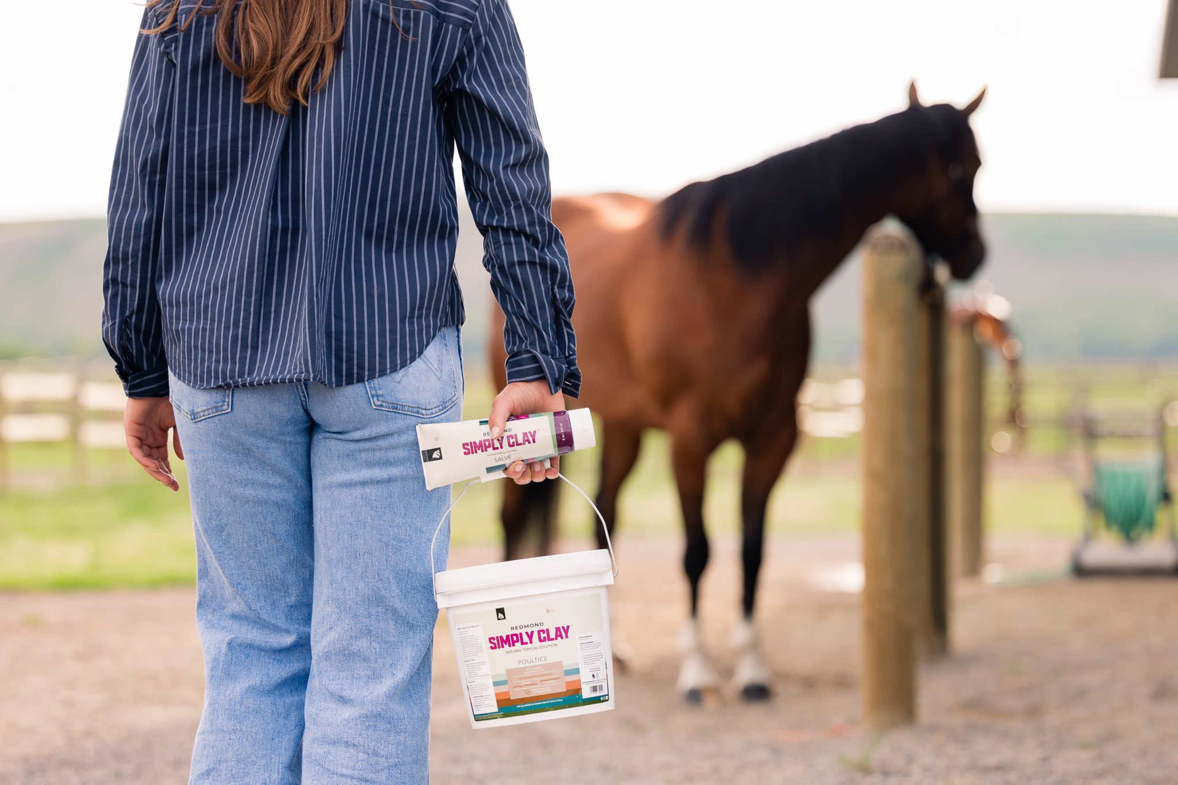 A person holding a bucket and a container labeled "Simply Clay" stands in front of a horse in a pasture.