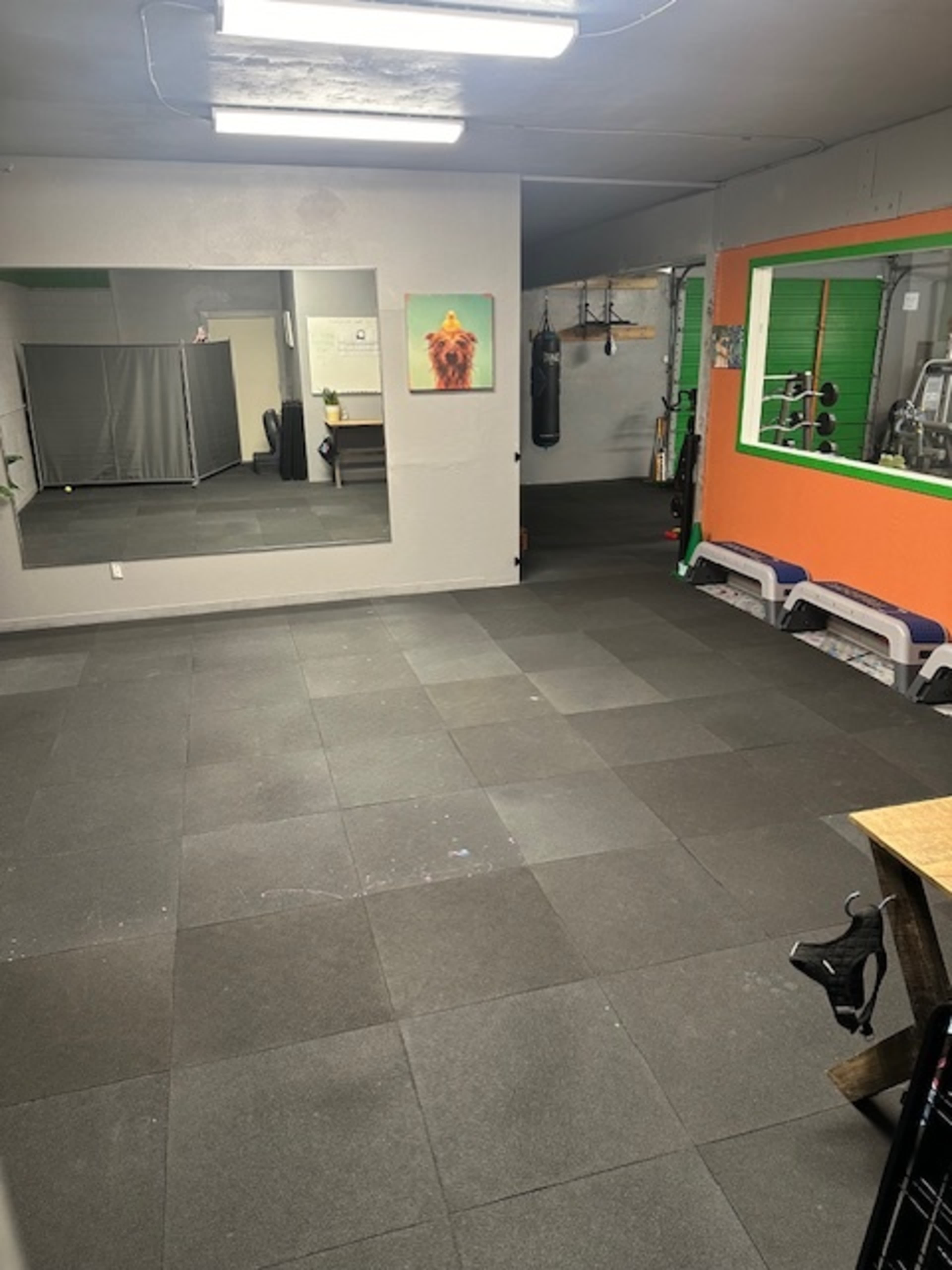 A spacious gym with rubber flooring, mirrors, and various fitness equipment along the walls.