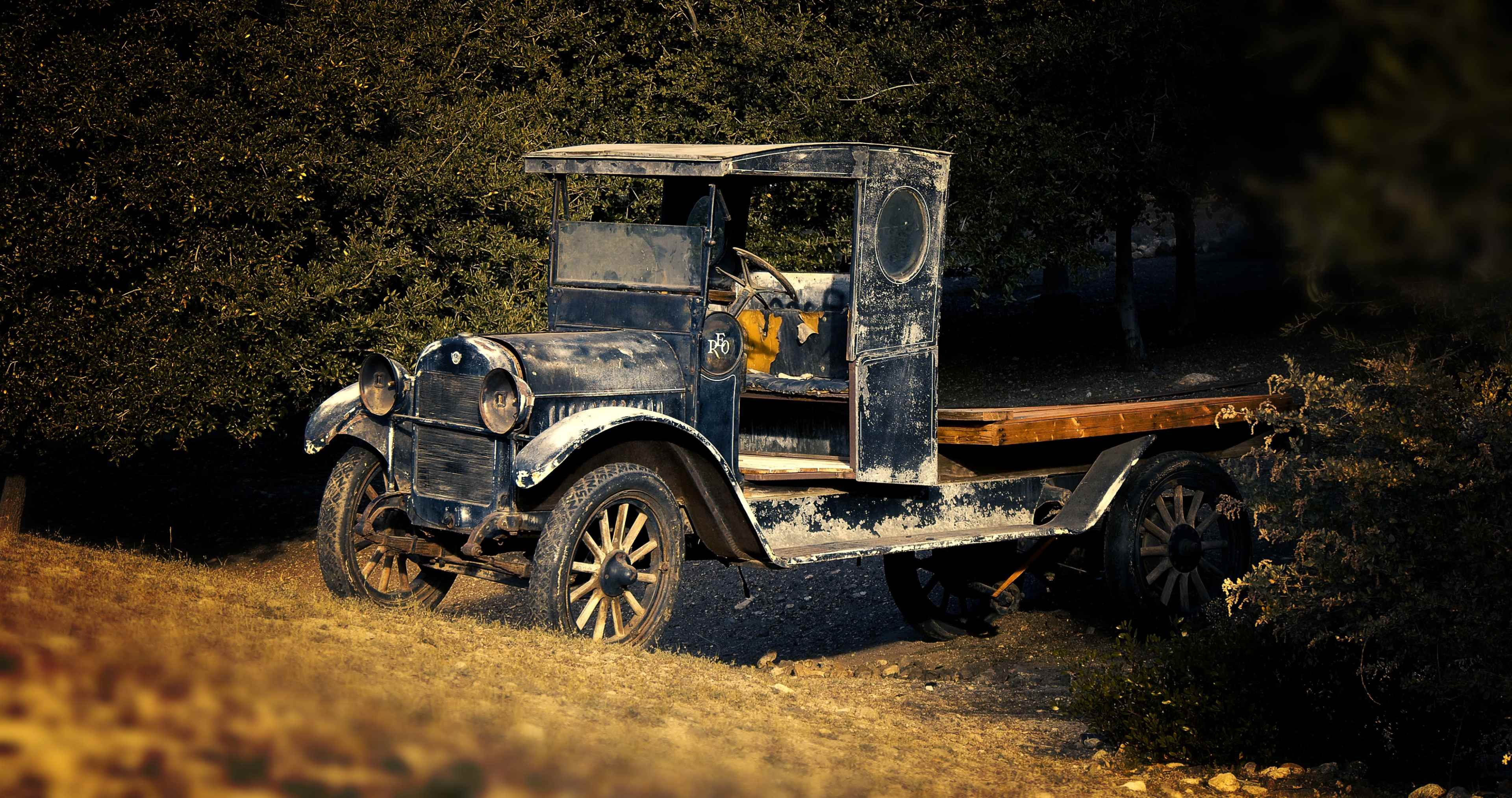An old, weathered pickup truck rests in a grassy area surrounded by trees.