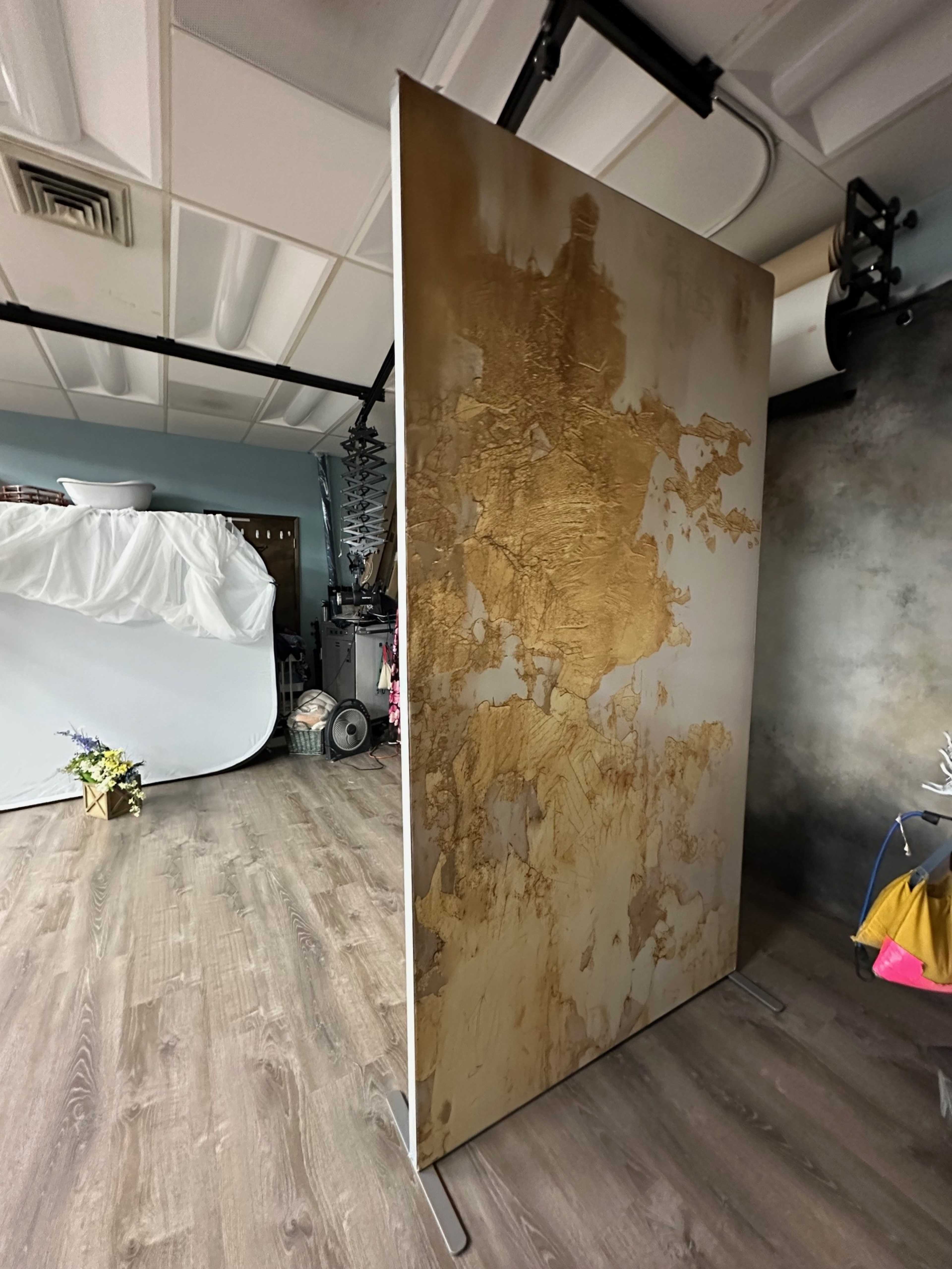 A large, textured backdrop with a golden, abstract design stands in a room with various photography equipment and props visible in the background.