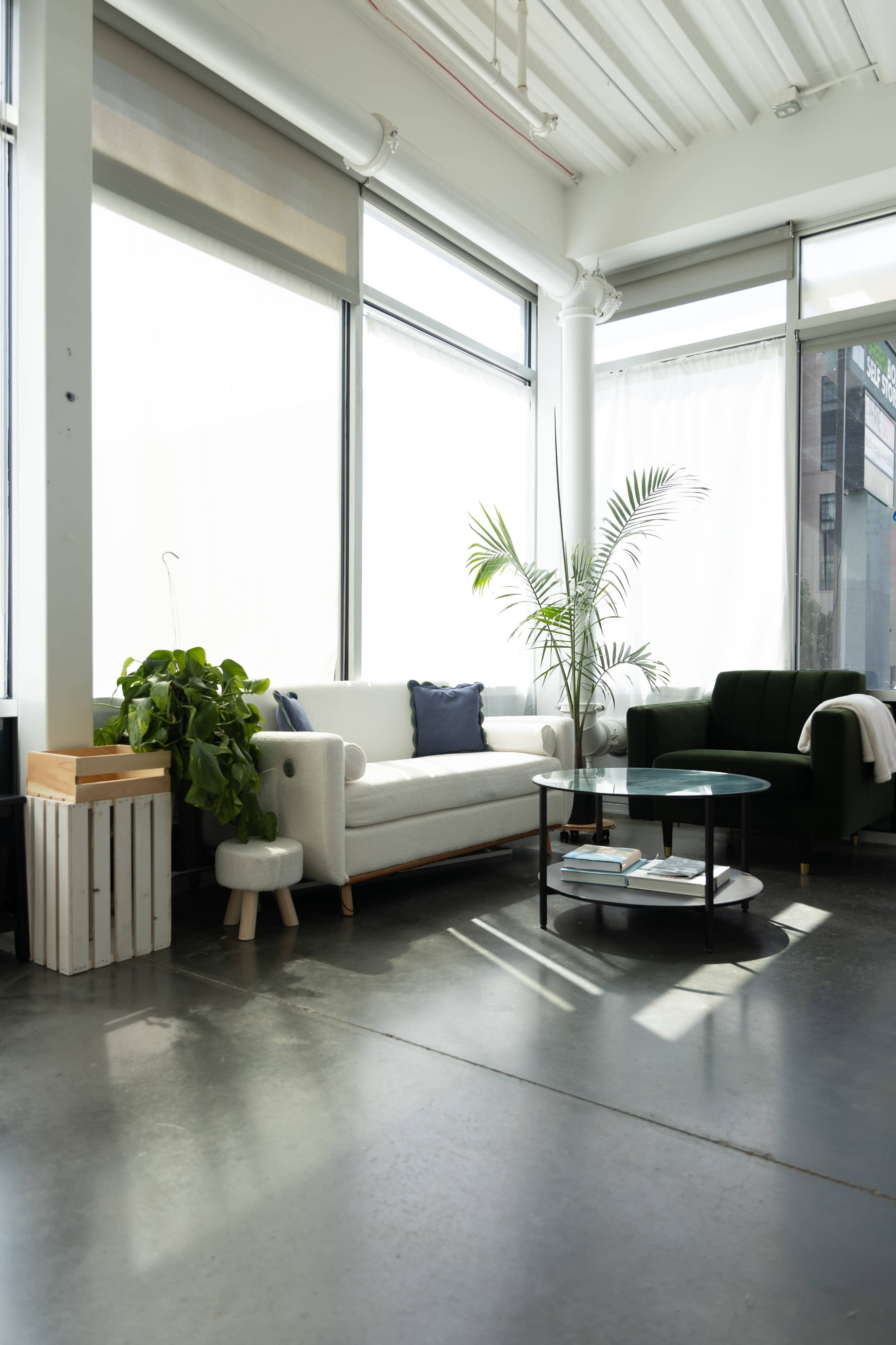 The image shows a bright, minimalist living space featuring a white sofa, a green armchair, a glass coffee table, and potted plants near large windows.